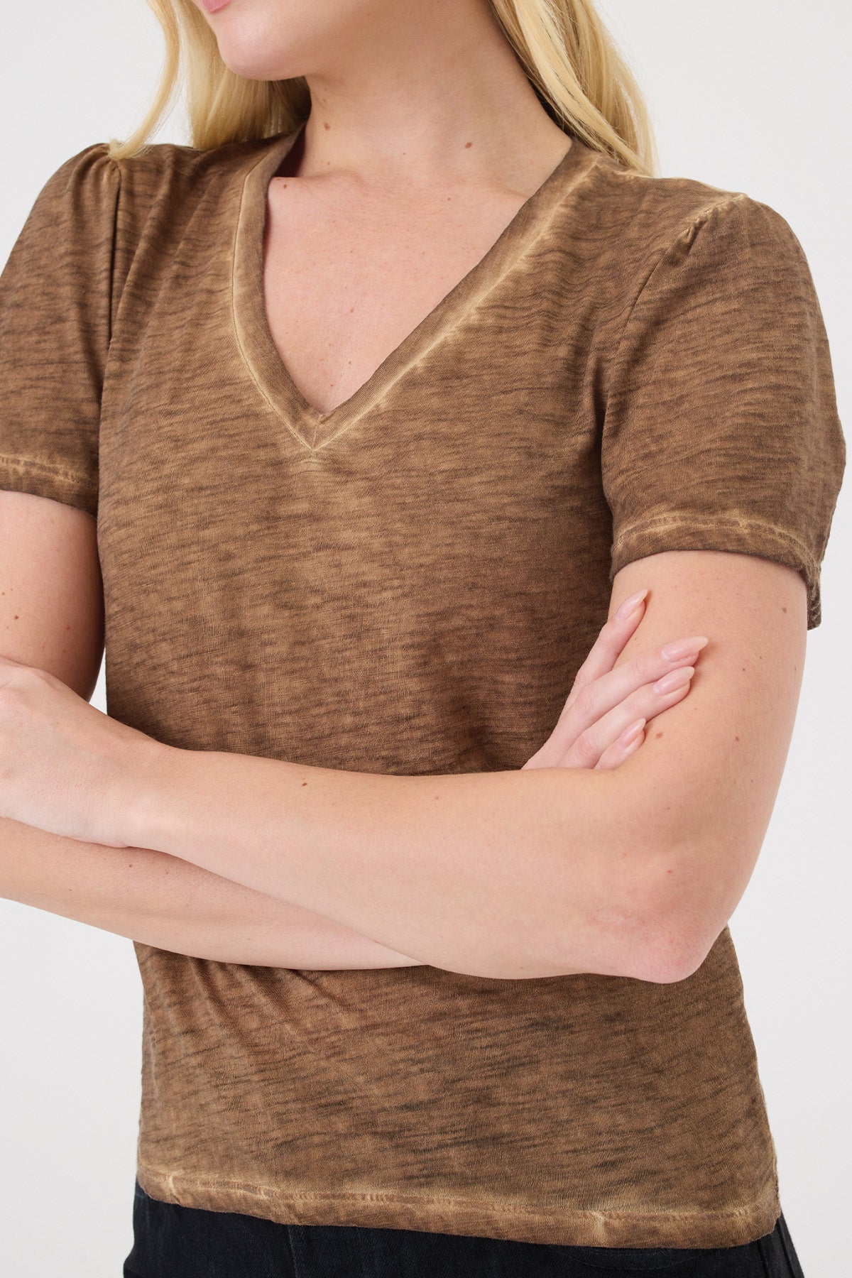 Vintage Wash Flutter Sleeve V Neck Tee - Goldie LeWinter #color_bronze
