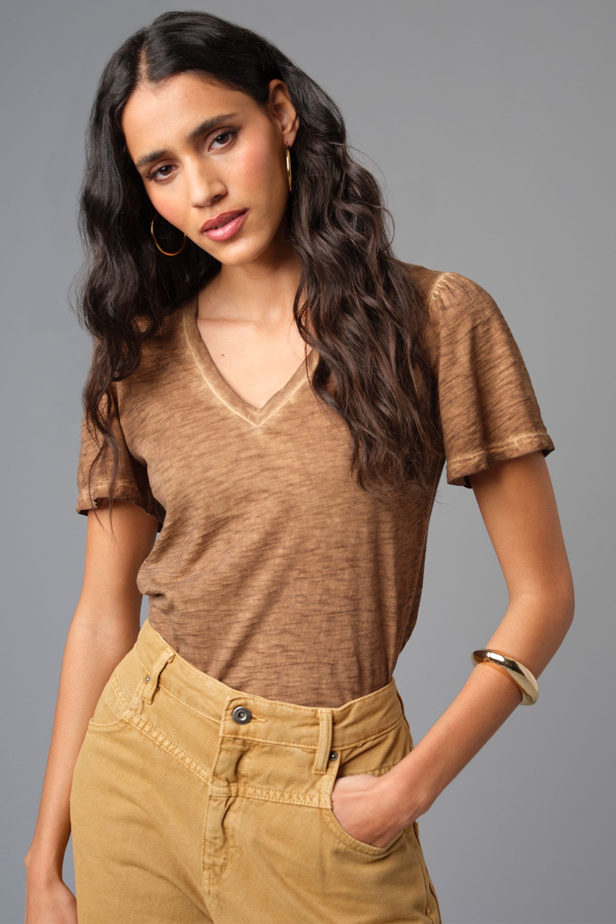 Vintage Wash Flutter Sleeve V Neck Tee - Goldie LeWinter #color_bronze