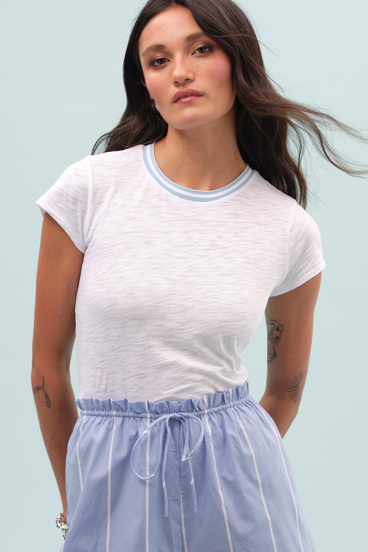 Double Shimmer Tipped Ringer Tee - Goldie LeWinter #color_white / blue