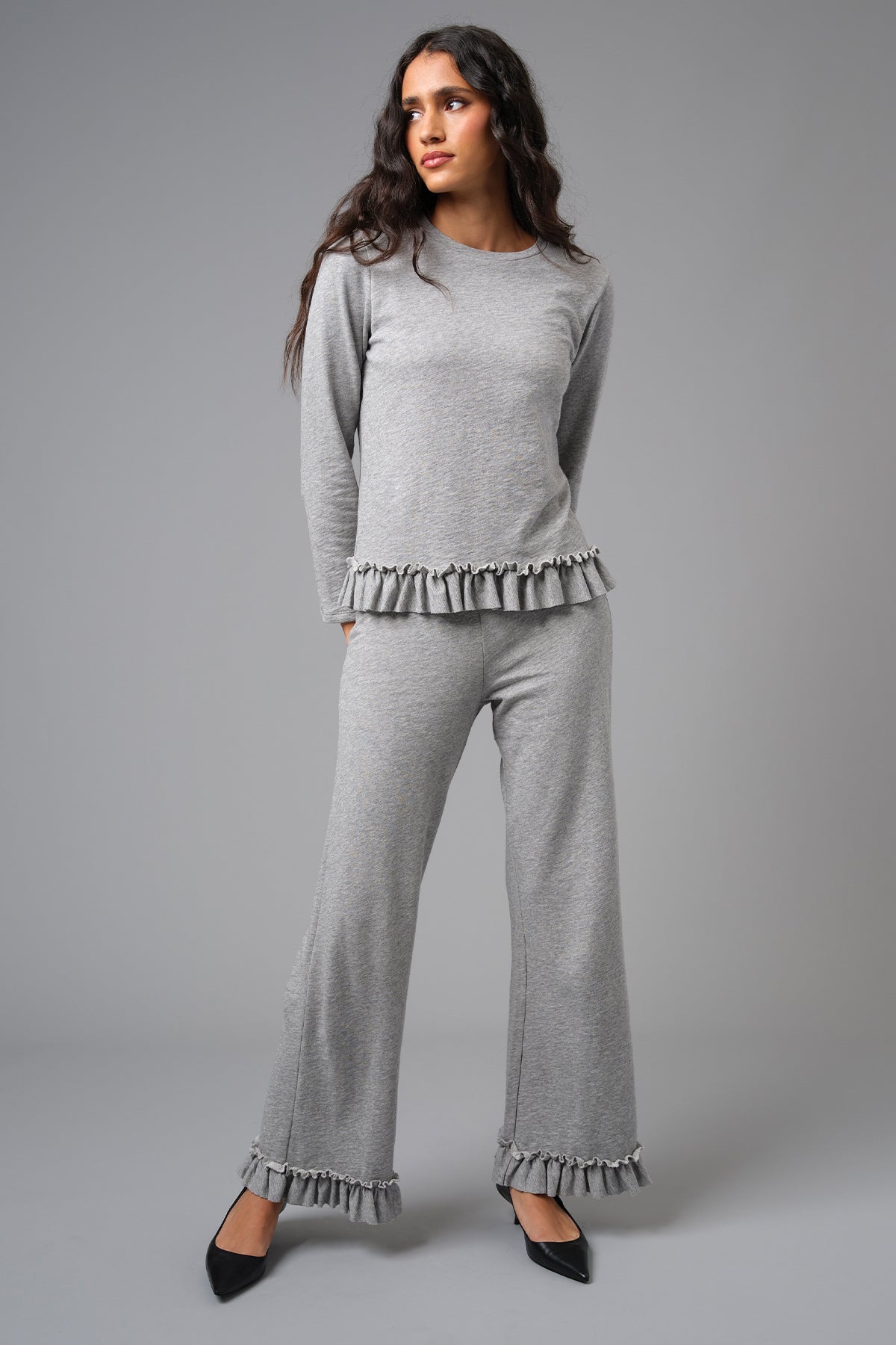 Melierter Rüschenpullover