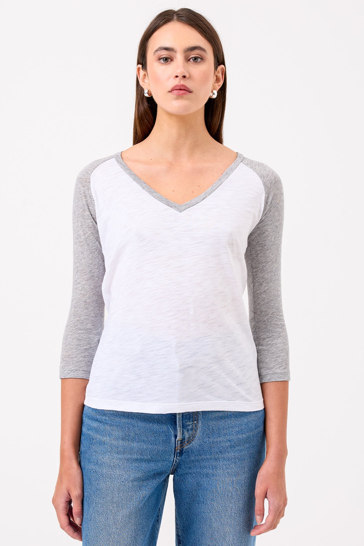 Kylie Baseball V Neck Tee - Goldie LeWinter #color_white / gray heather