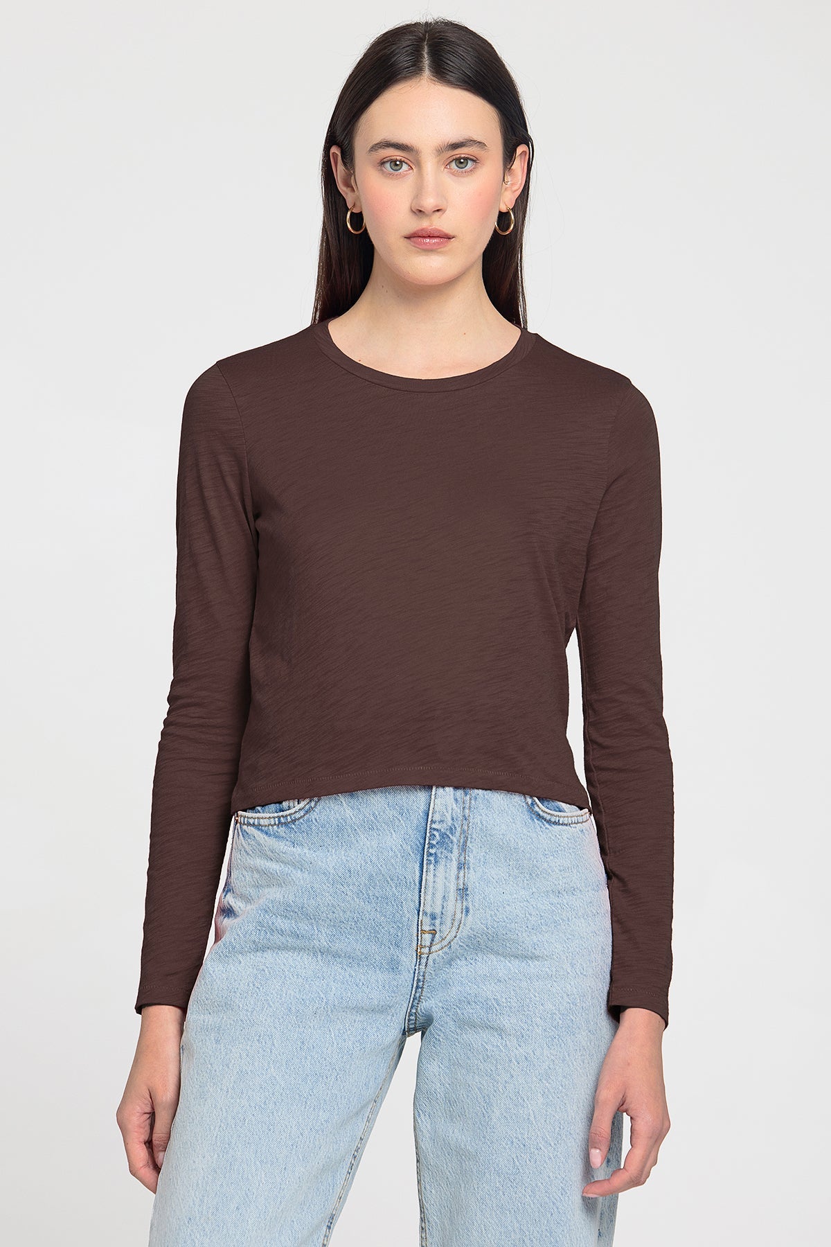Long Sleeve Cropped Boy Tee - Goldie LeWinter #color_coffee - limited edition