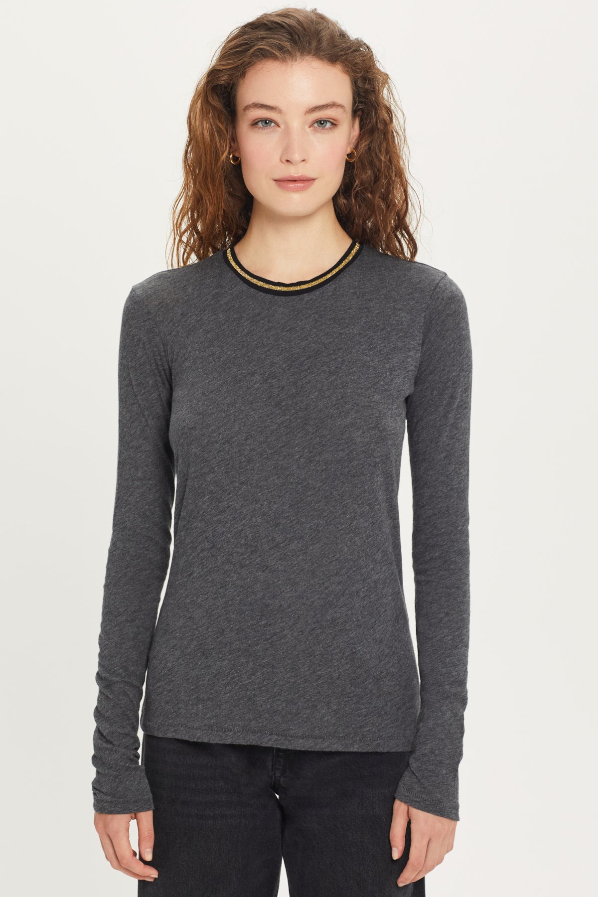 Long Sleeve Metallic Tipped Ringer Tee - Goldie LeWinter #color_charcoal heather