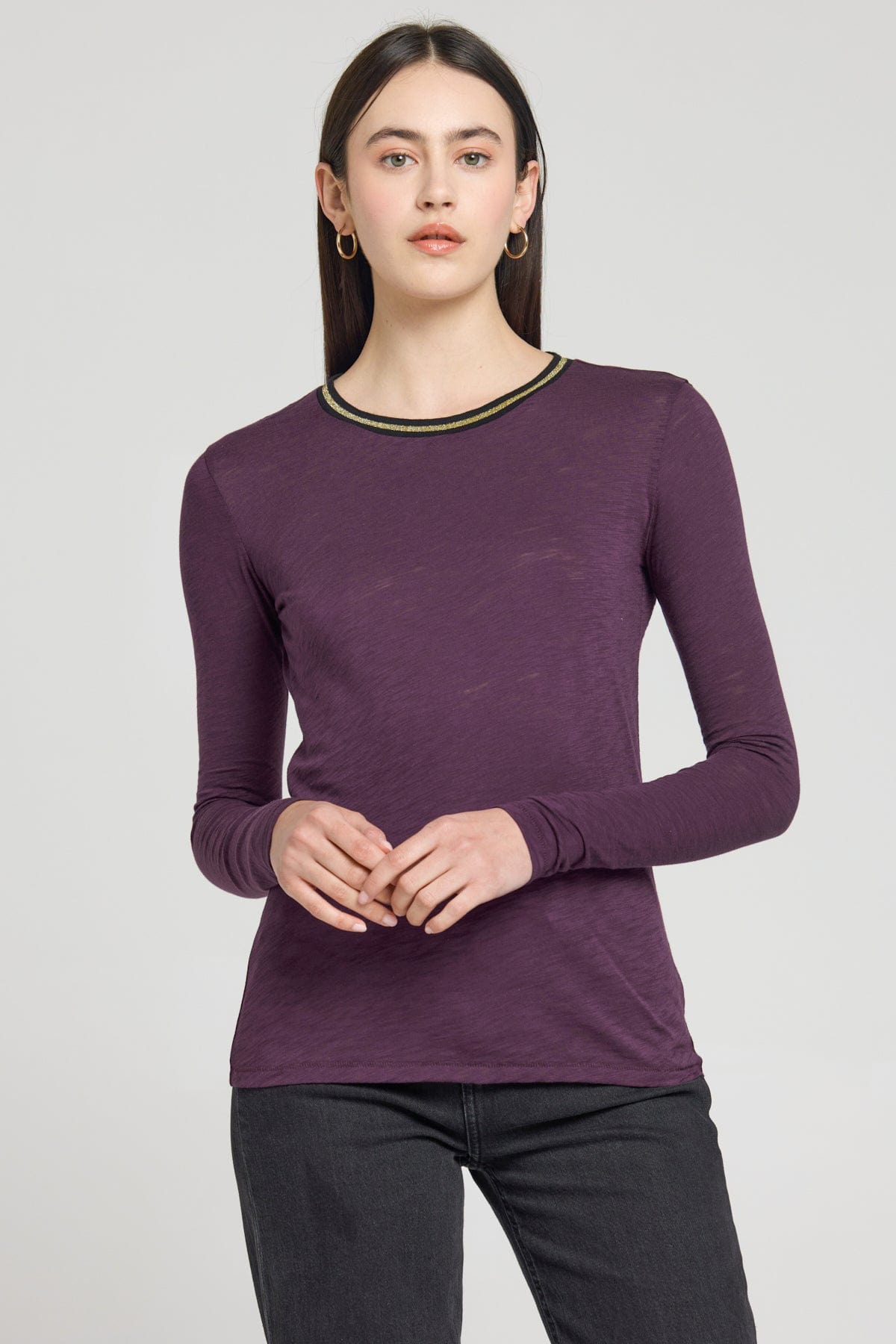 Long Sleeve Metallic Tipped Ringer Tee - Goldie LeWinter
