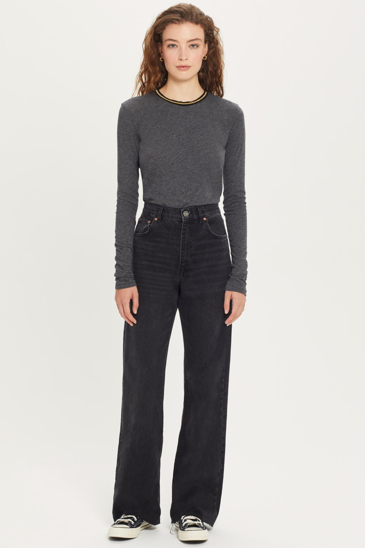 Long Sleeve Metallic Tipped Ringer Tee - Goldie LeWinter #color_charcoal heather