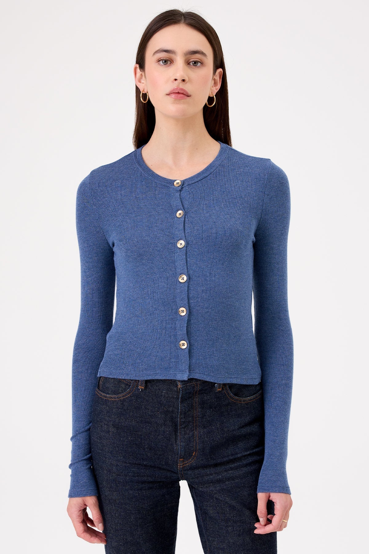 Marina Ribbed Crop Cardigan - Goldie LeWinter #color_denim heather - limited edition