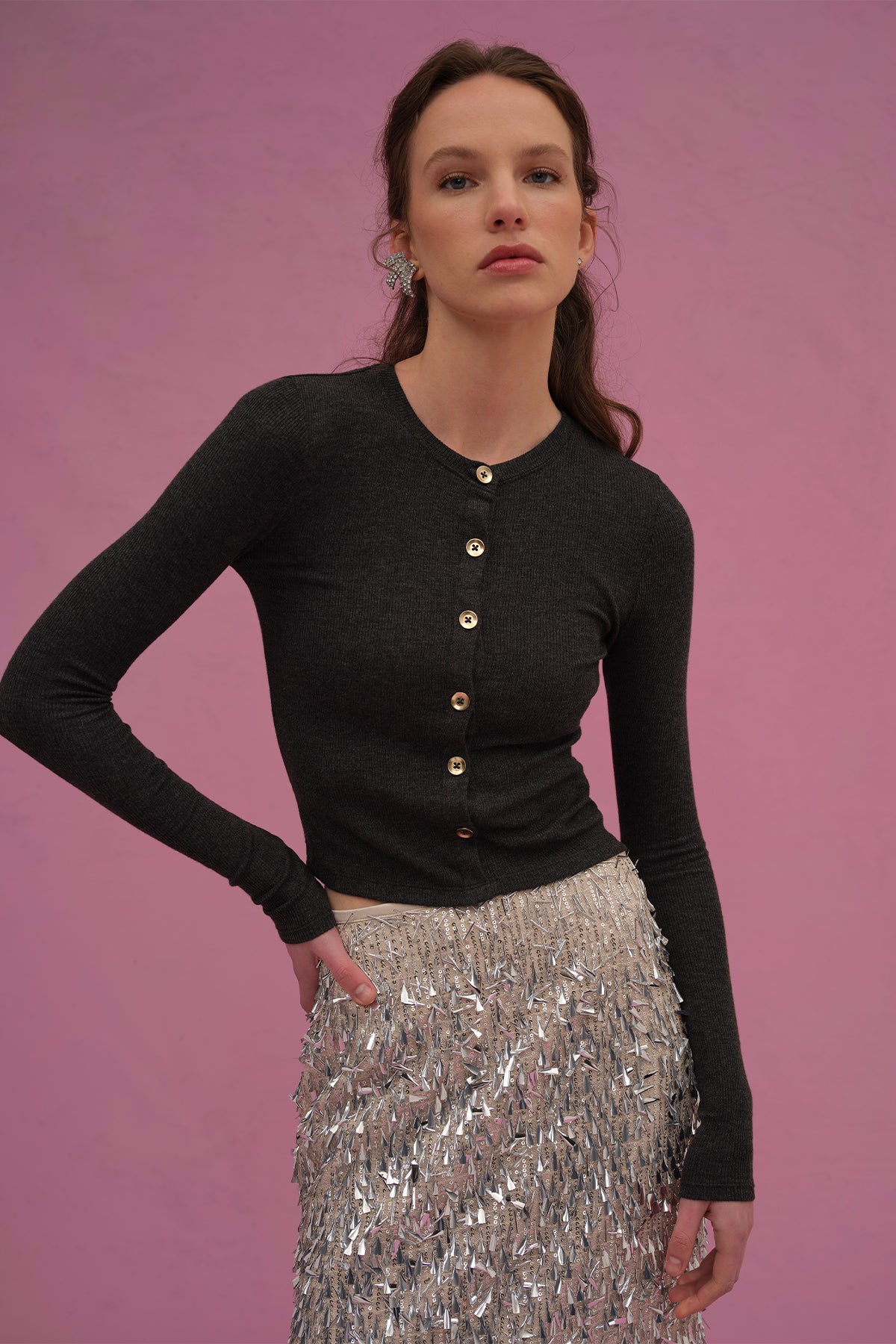 Marina Ribbed Crop Cardigan - Goldie LeWinter #color_charcoal heather