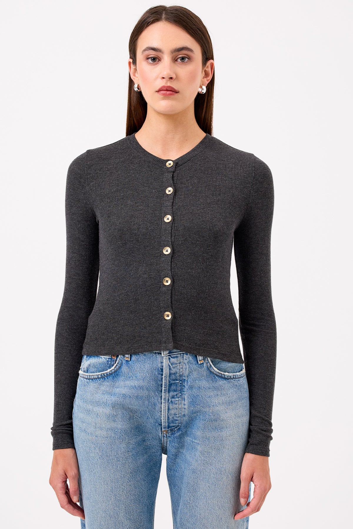 Marina Ribbed Crop Cardigan - Goldie LeWinter #color_charcoal heather