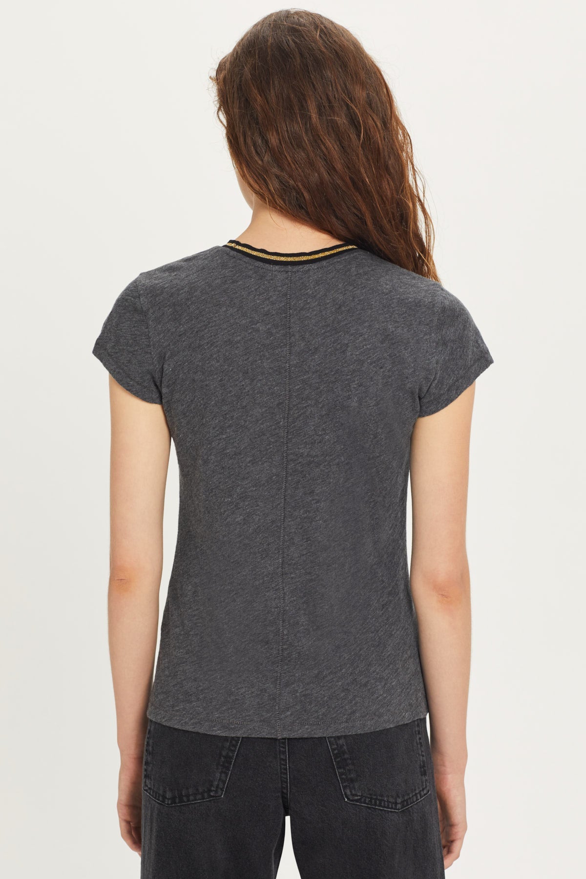 Metallic Tipped Ringer Tee - Goldie LeWinter #color_charcoal heather