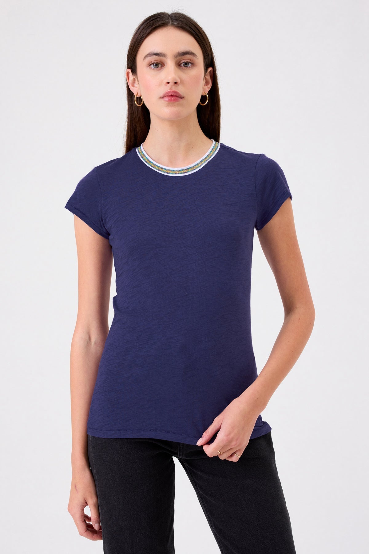 Metallic Tipped Ringer Tee - Goldie LeWinter #color_navy
