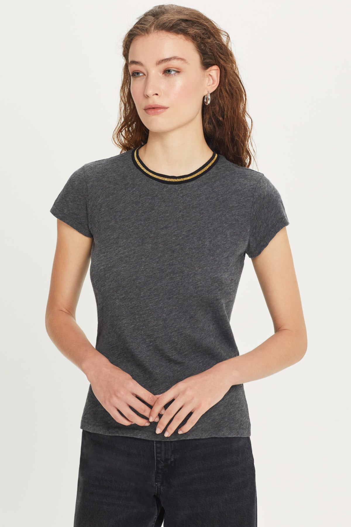 Metallic Tipped Ringer Tee - Goldie LeWinter #color_charcoal heather
