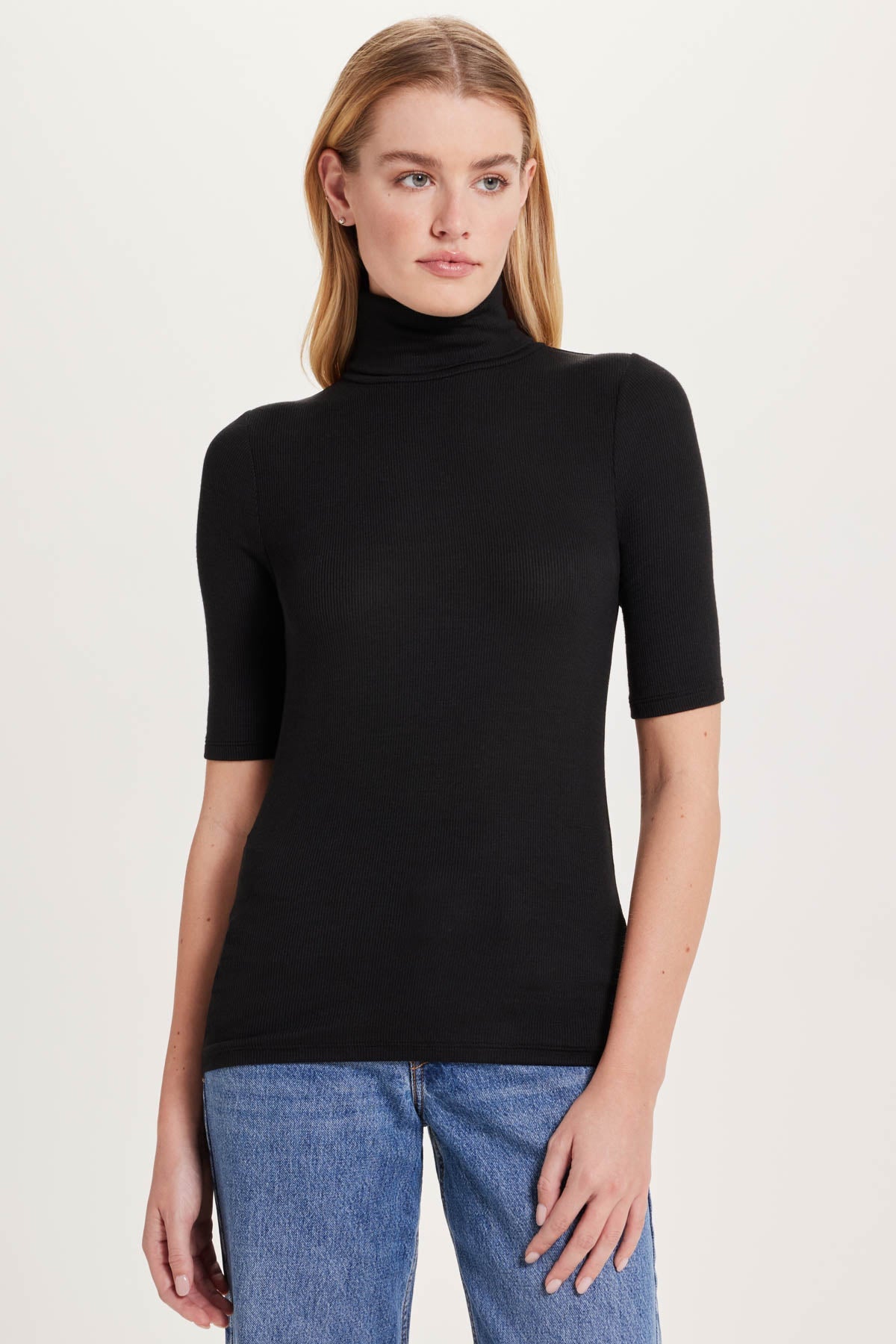 Ribbed Half-Sleeved Turtleneck - Goldie LeWinter #color_black