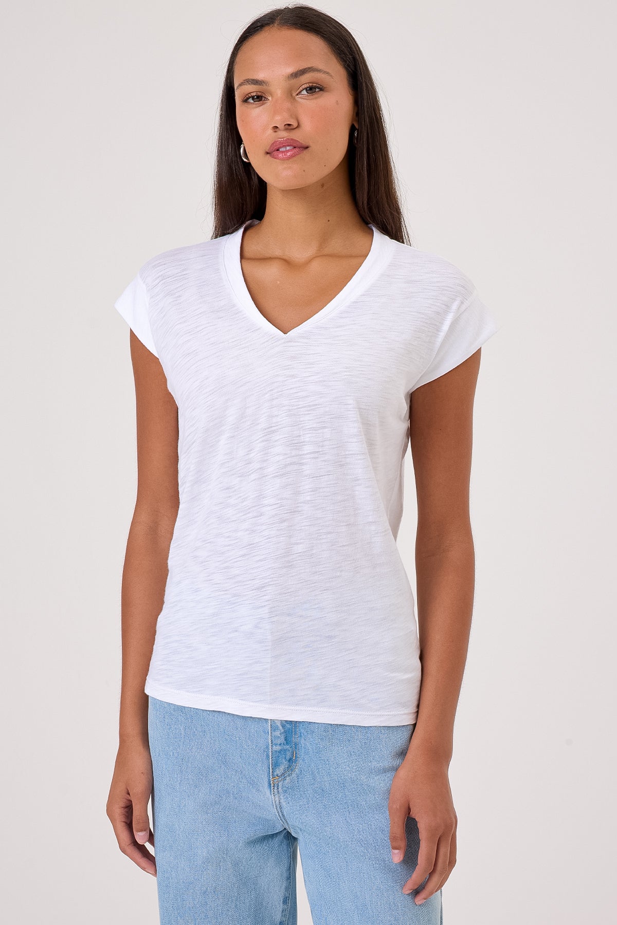 Serenity Cap Sleeve V Neck Tee - Goldie LeWinter #color_white
