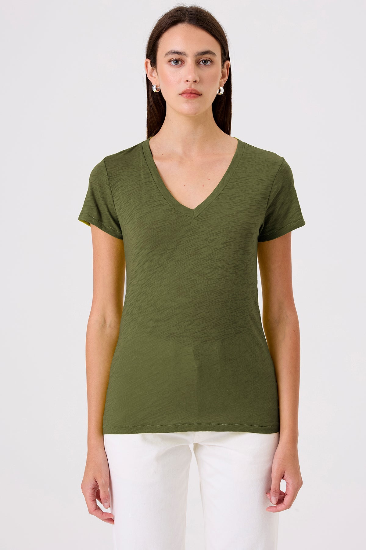 Signature Slub V Neck Tee - Goldie LeWinter #color_cypress - limited edition