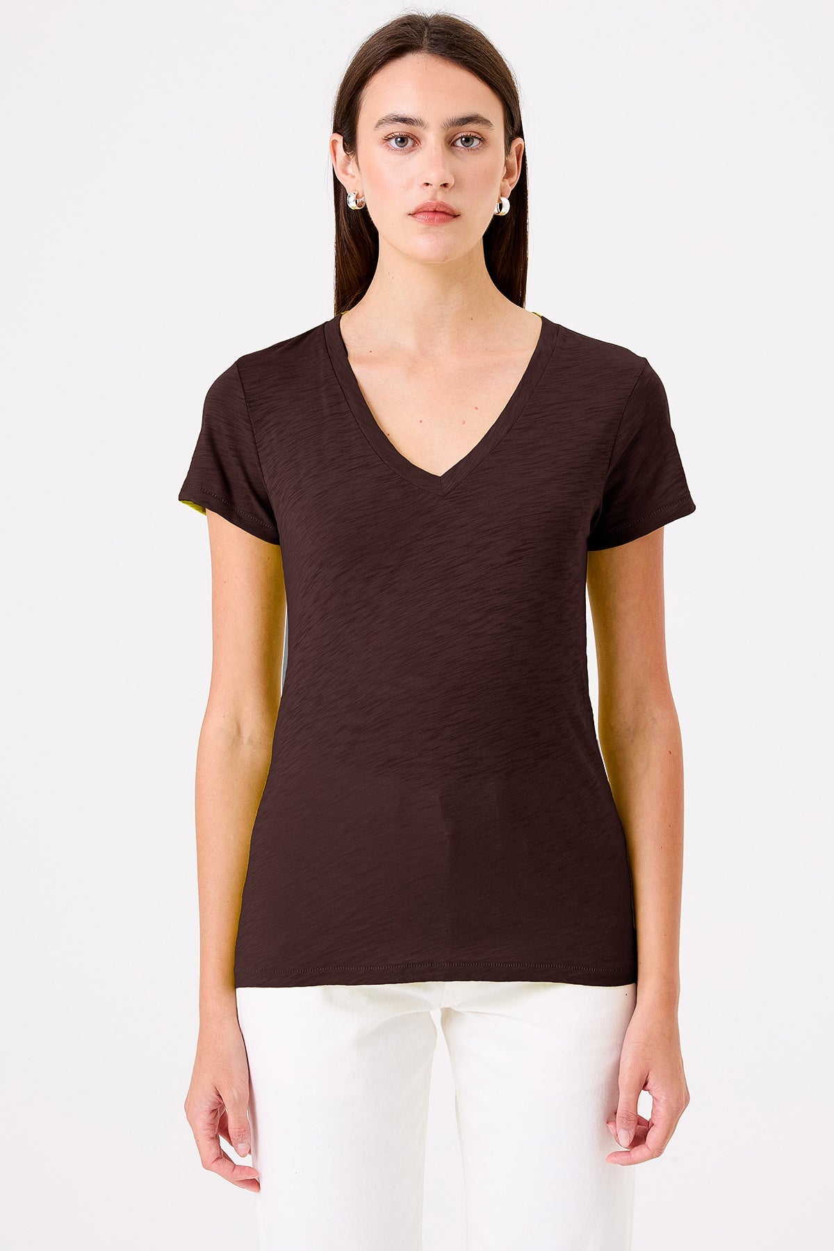Signature Slub V Neck Tee - Goldie LeWinter #color_coffee - limited edition
