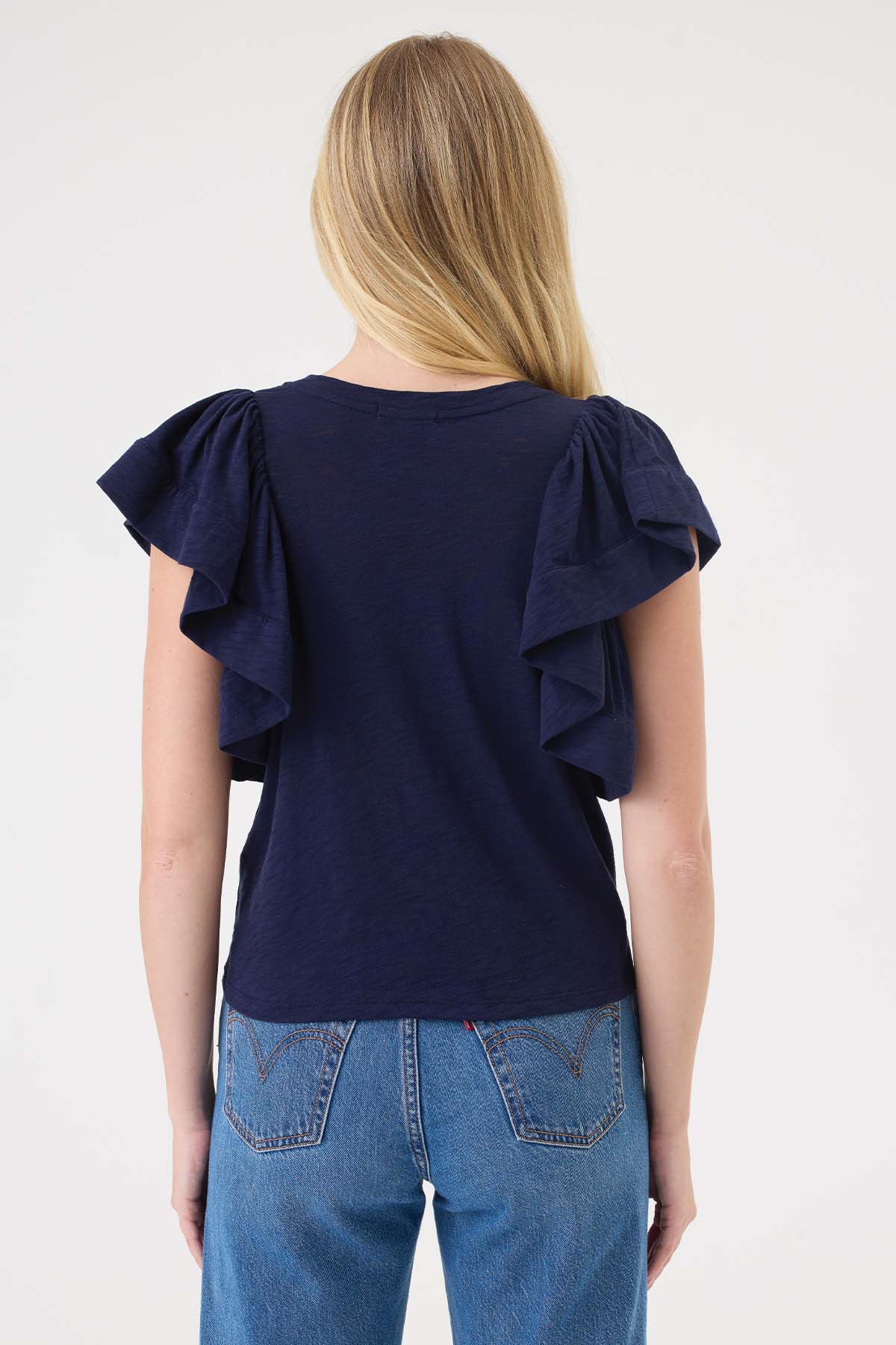 Signature Slub Waterfall Ruffle Shell - Goldie LeWinter #color_navy