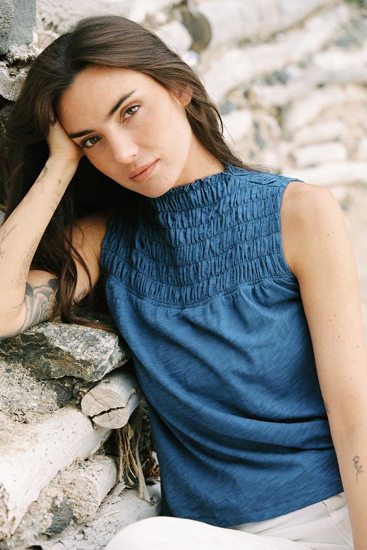 Tori Smocked Shell - Goldie LeWinter #color_denim - limited edition