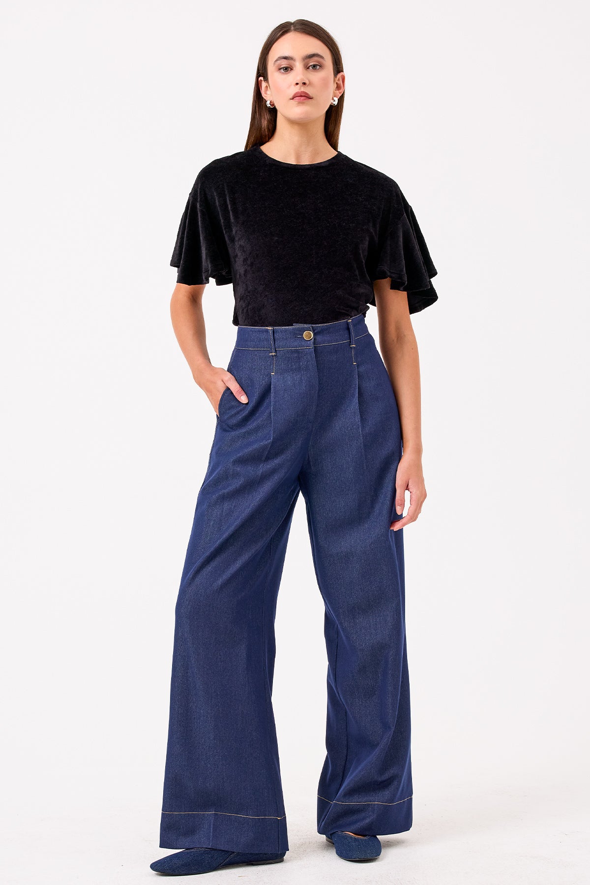 Velour Crush Flutter Sleeve Top - Goldie LeWinter #color_black