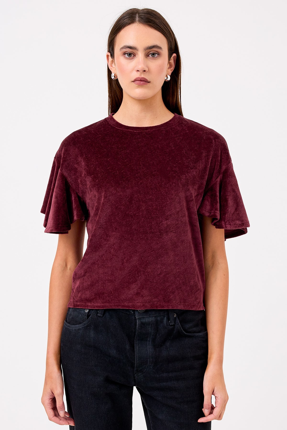 Velour Crush Flutter Sleeve Top - Goldie LeWinter #color_bordeaux - limited edition