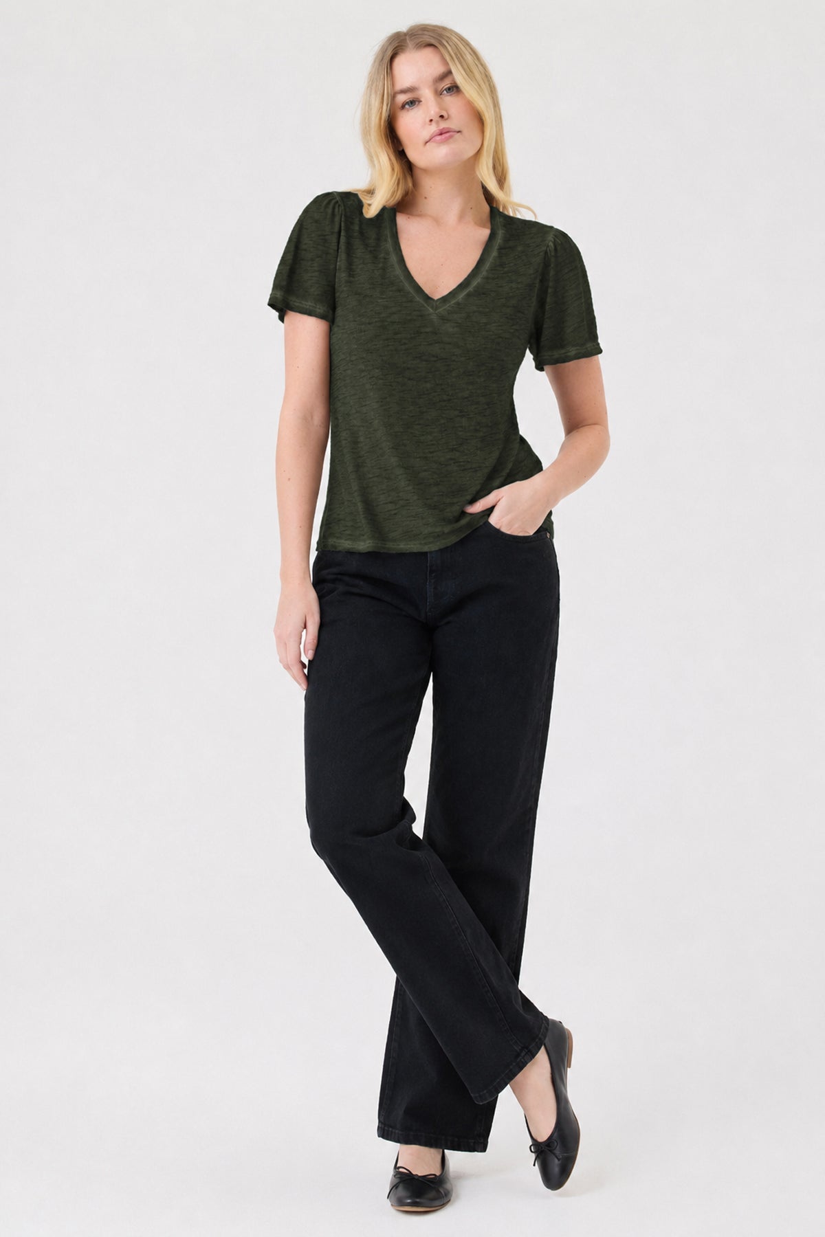 Vintage Wash Flutter Sleeve V Neck Tee