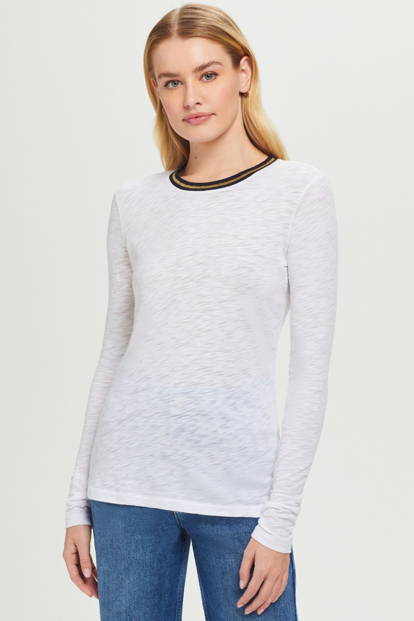 Long Sleeve Metallic Tipped Ringer Tee - Goldie LeWinter #color_white