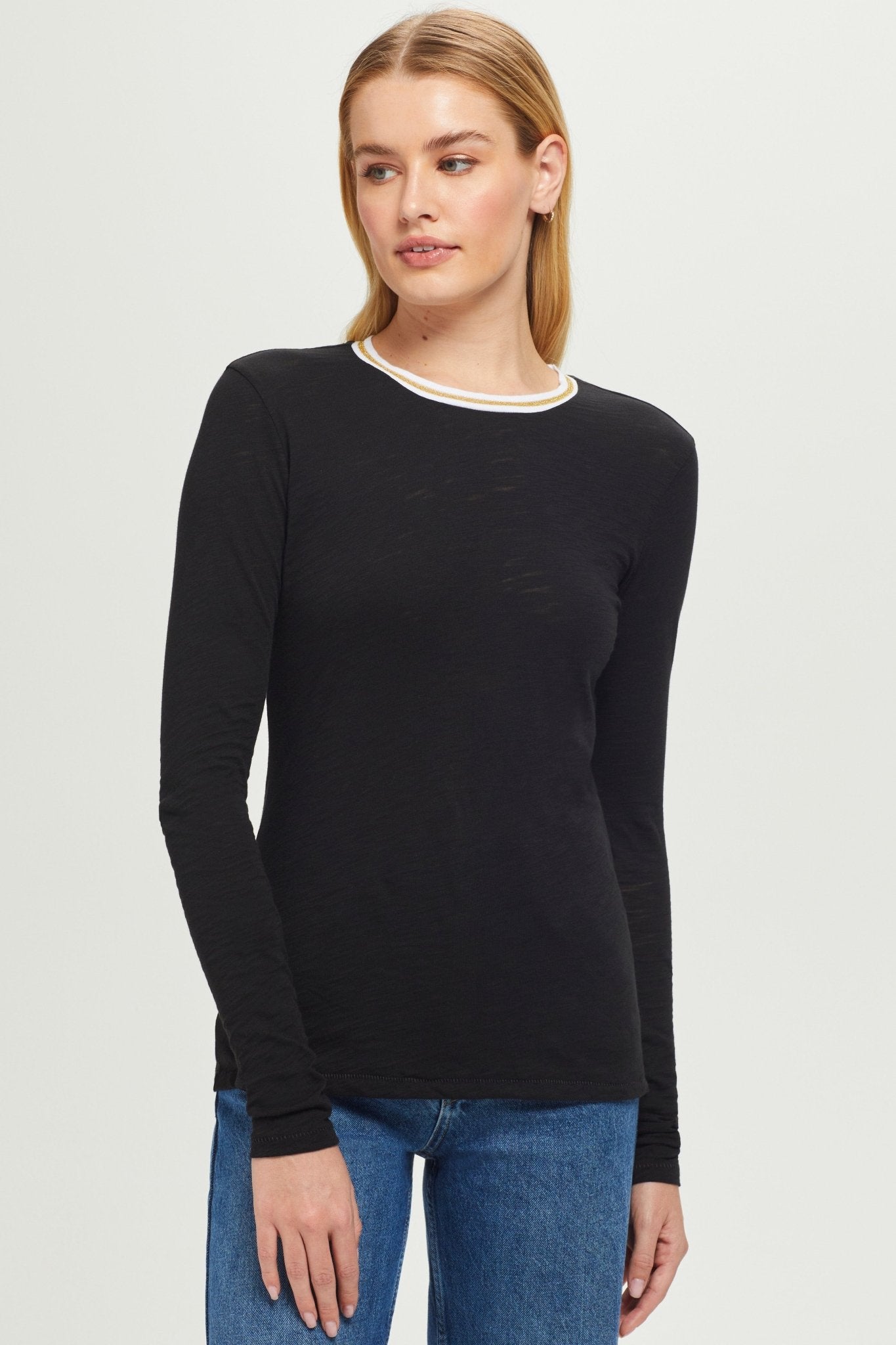 Long Sleeve Metallic Tipped Ringer Tee - Goldie LeWinter #color_black