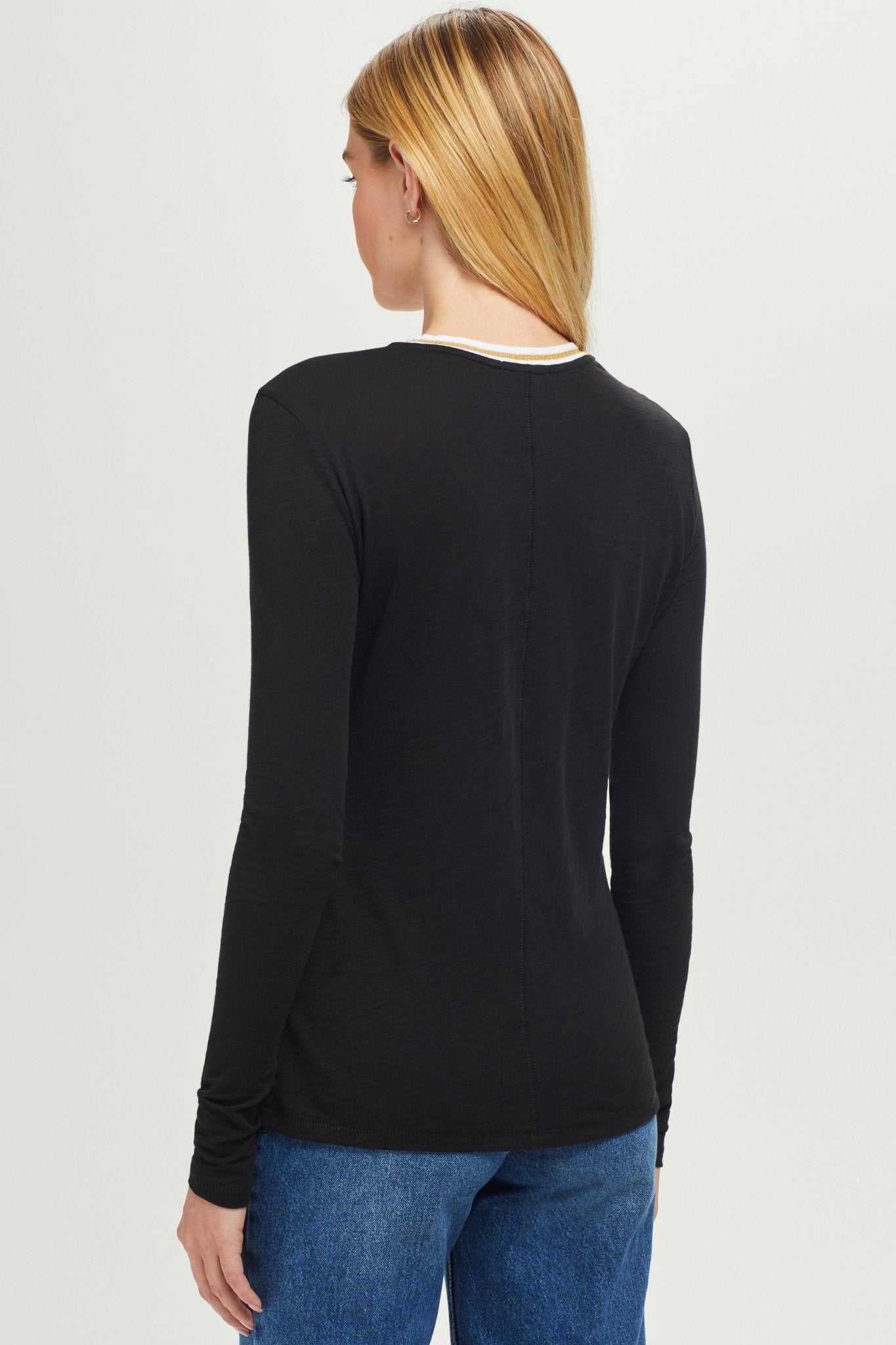 Long Sleeve Metallic Tipped Ringer Tee - Goldie LeWinter #color_black