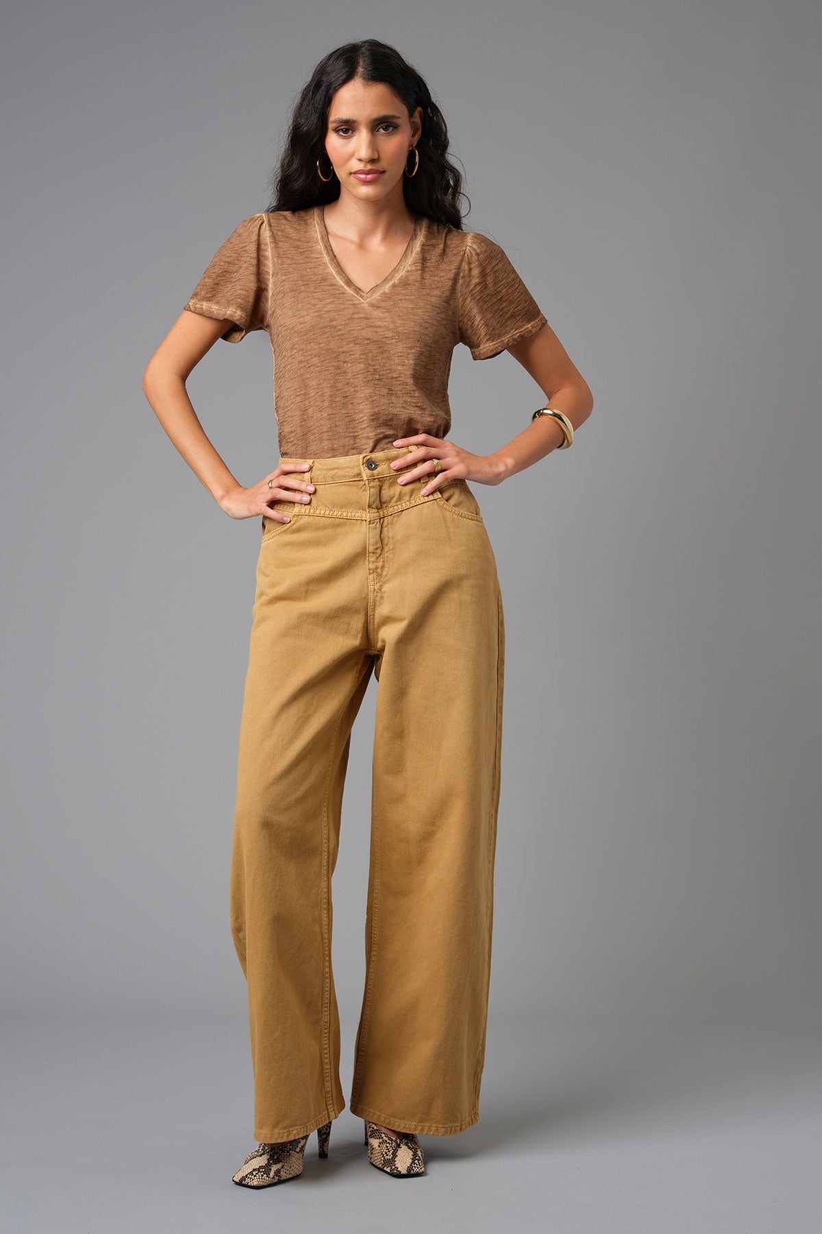 Vintage Wash Flutter Sleeve V Neck Tee - Goldie LeWinter #color_bronze