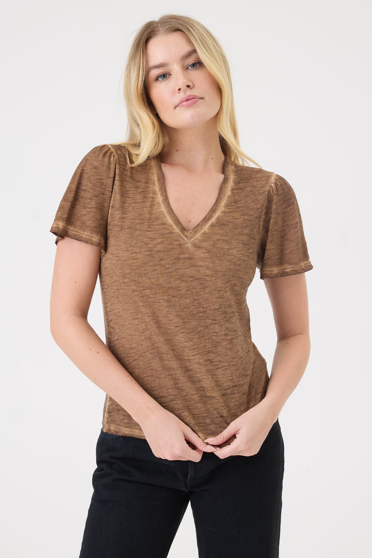 Vintage Wash Flutter Sleeve V Neck Tee - Goldie LeWinter #color_bronze