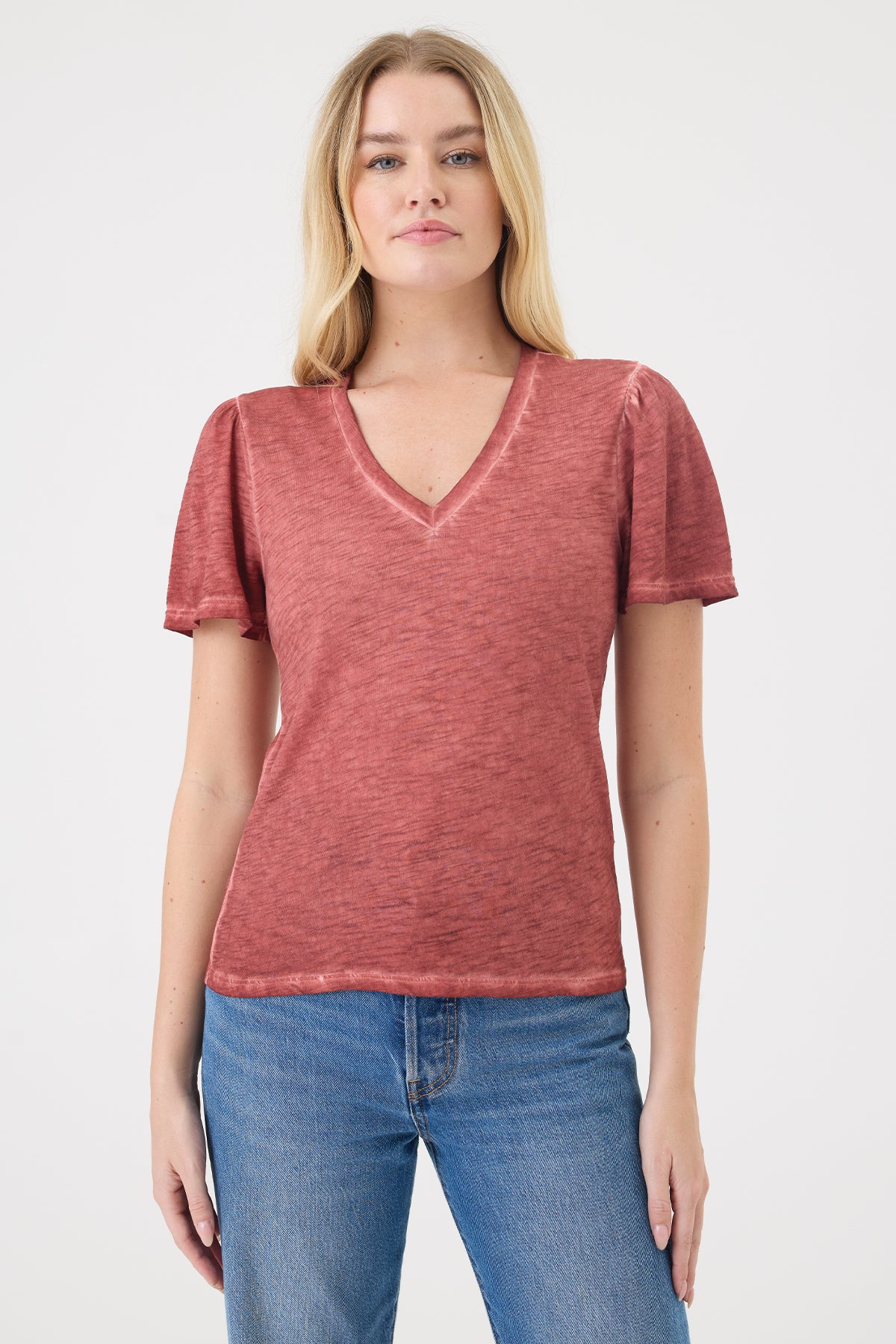 Vintage Wash Flutter Sleeve V Neck Tee - Goldie LeWinter #color_chili oil