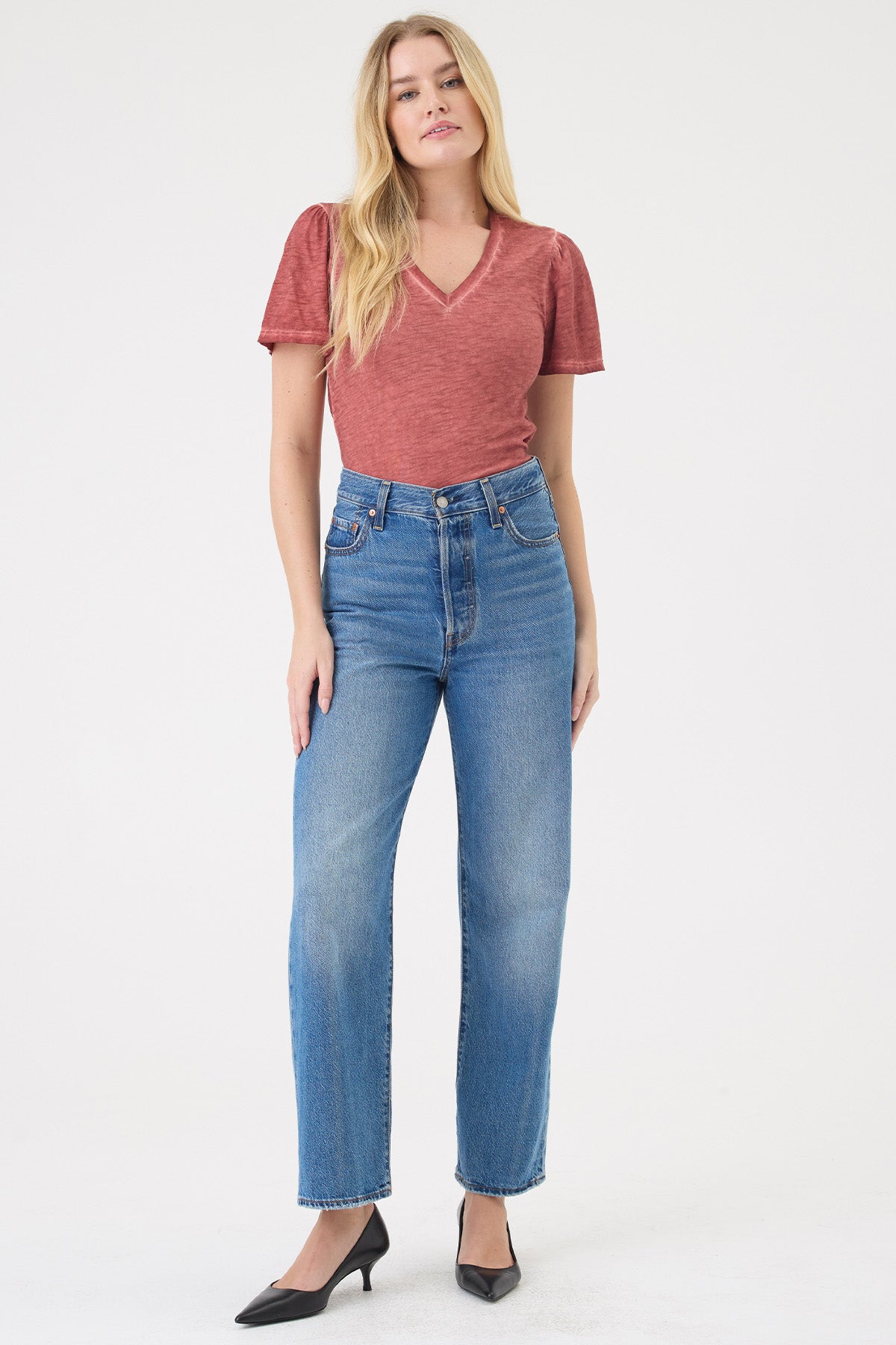 Vintage Wash Flutter Sleeve V Neck Tee - Goldie LeWinter #color_chili oil