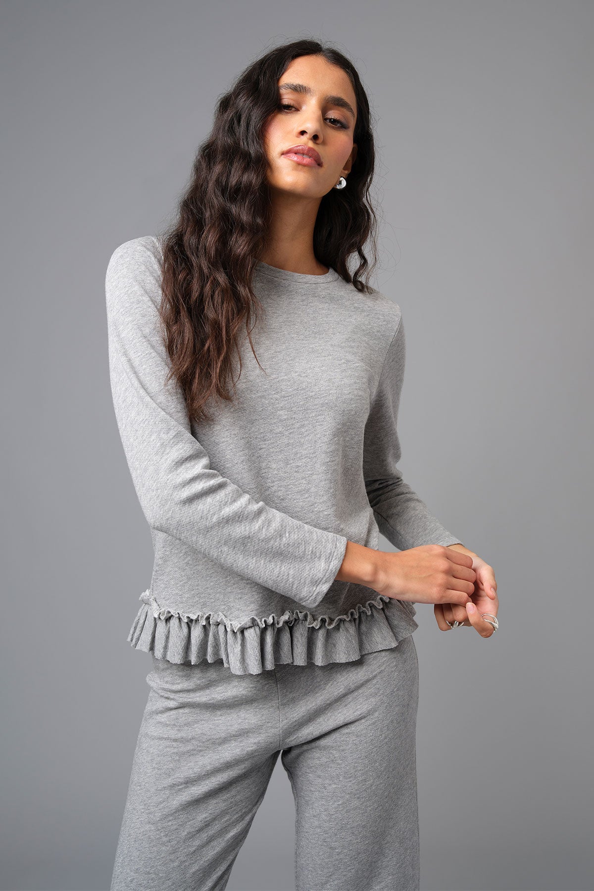 Melierter Rüschenpullover