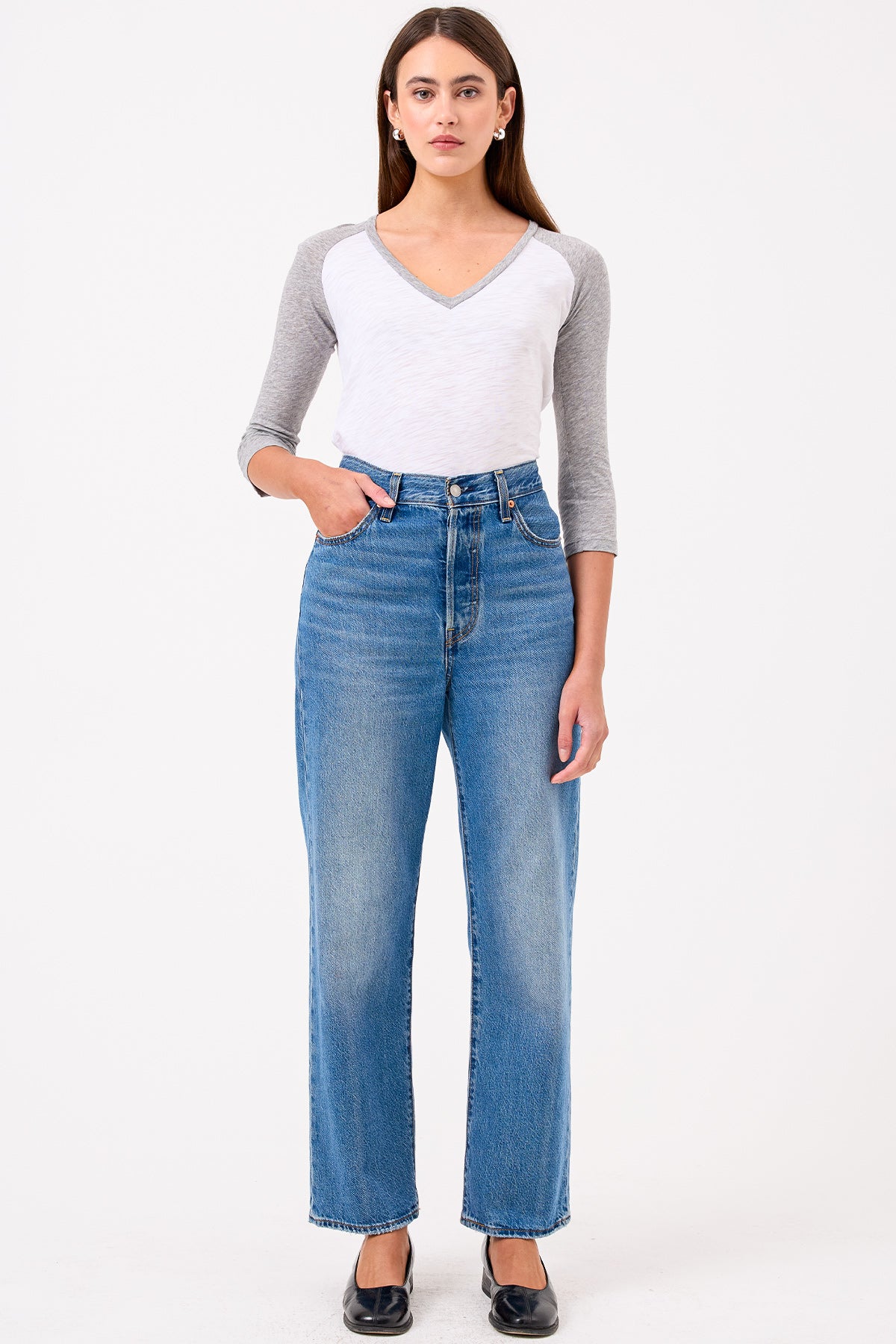 Kylie Baseball V Neck Tee - Goldie LeWinter #color_white / gray heather