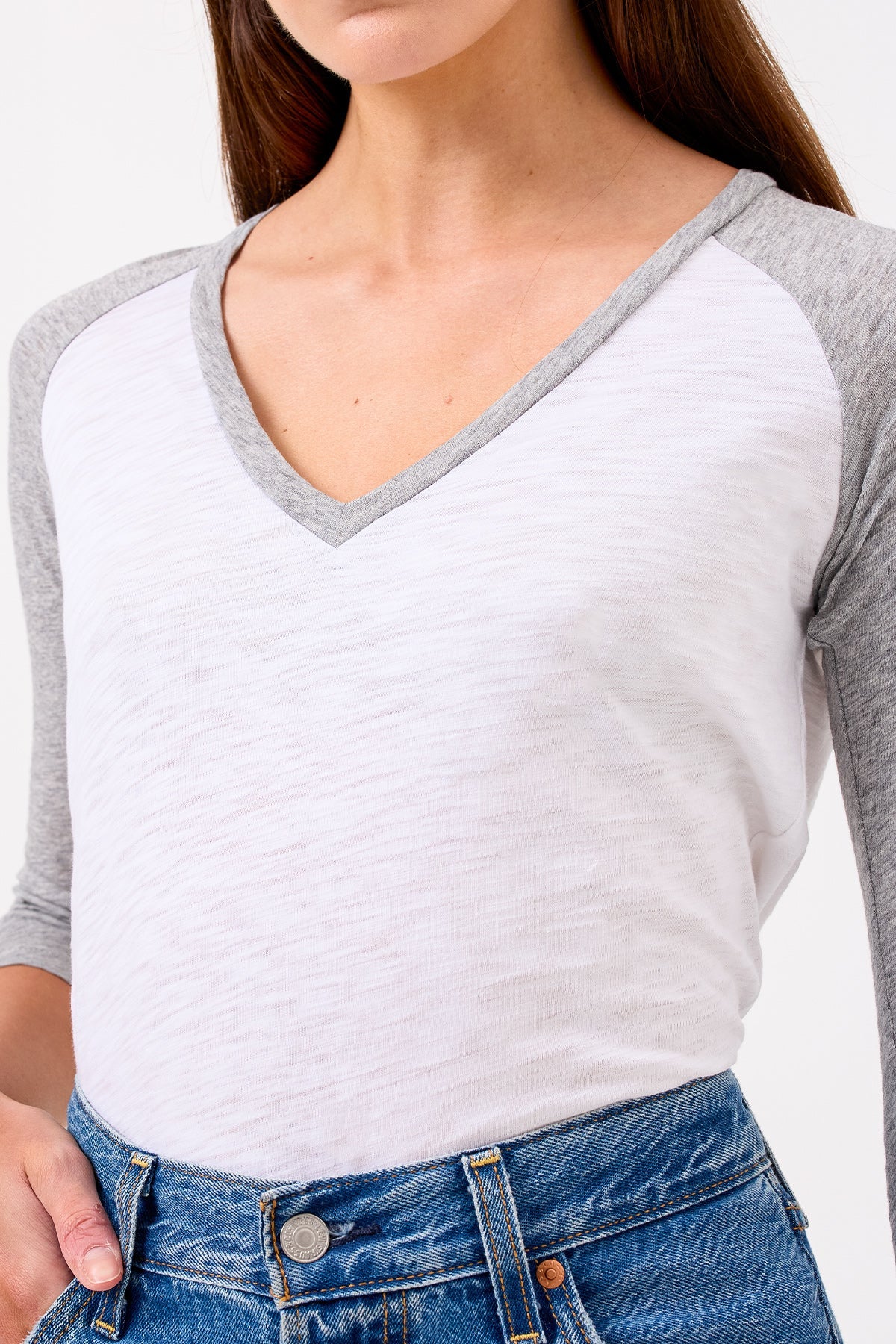 Kylie Baseball V Neck Tee - Goldie LeWinter #color_white / gray heather