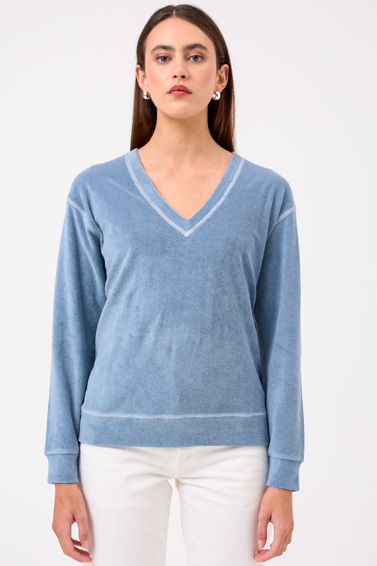 Life of Luxury V Neck Sweatshirt - Goldie LeWinter #color_faded denim - limited edition