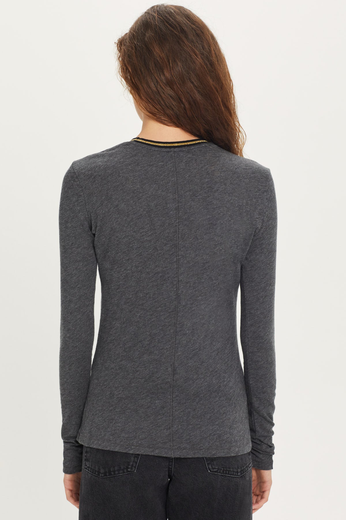 Long Sleeve Metallic Tipped Ringer Tee - Goldie LeWinter #color_charcoal heather