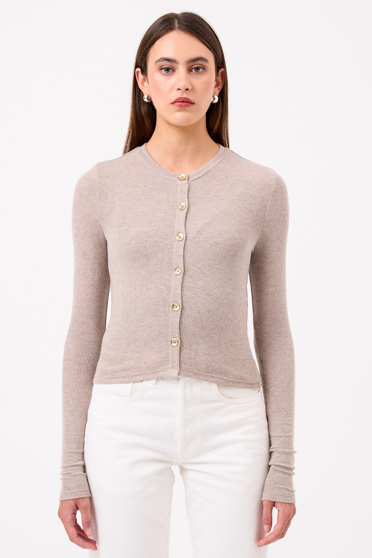 Marina Ribbed Crop Cardigan - Goldie LeWinter #color_oatmeal - limited edition