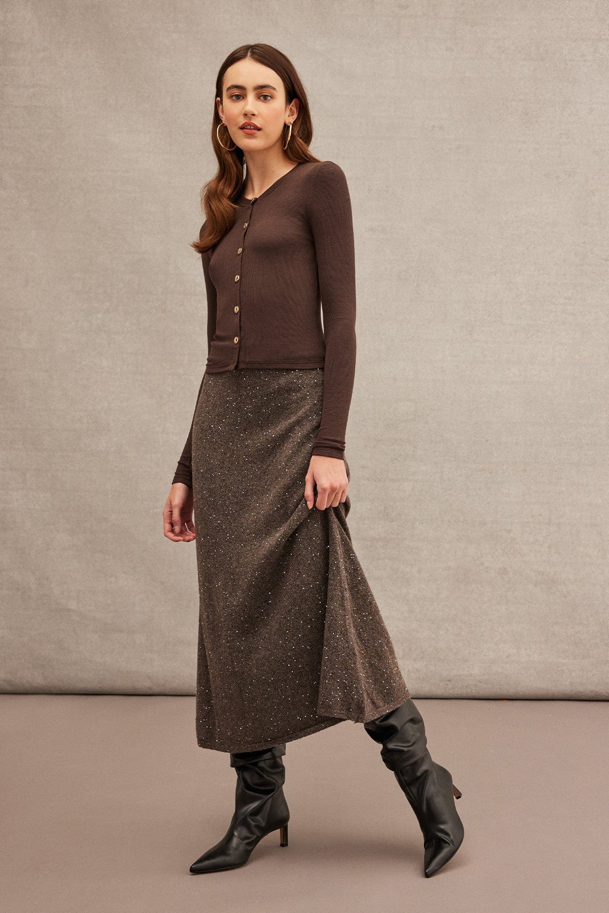 Marina Ribbed Crop Cardigan - Goldie LeWinter #color_coffee - limited edition