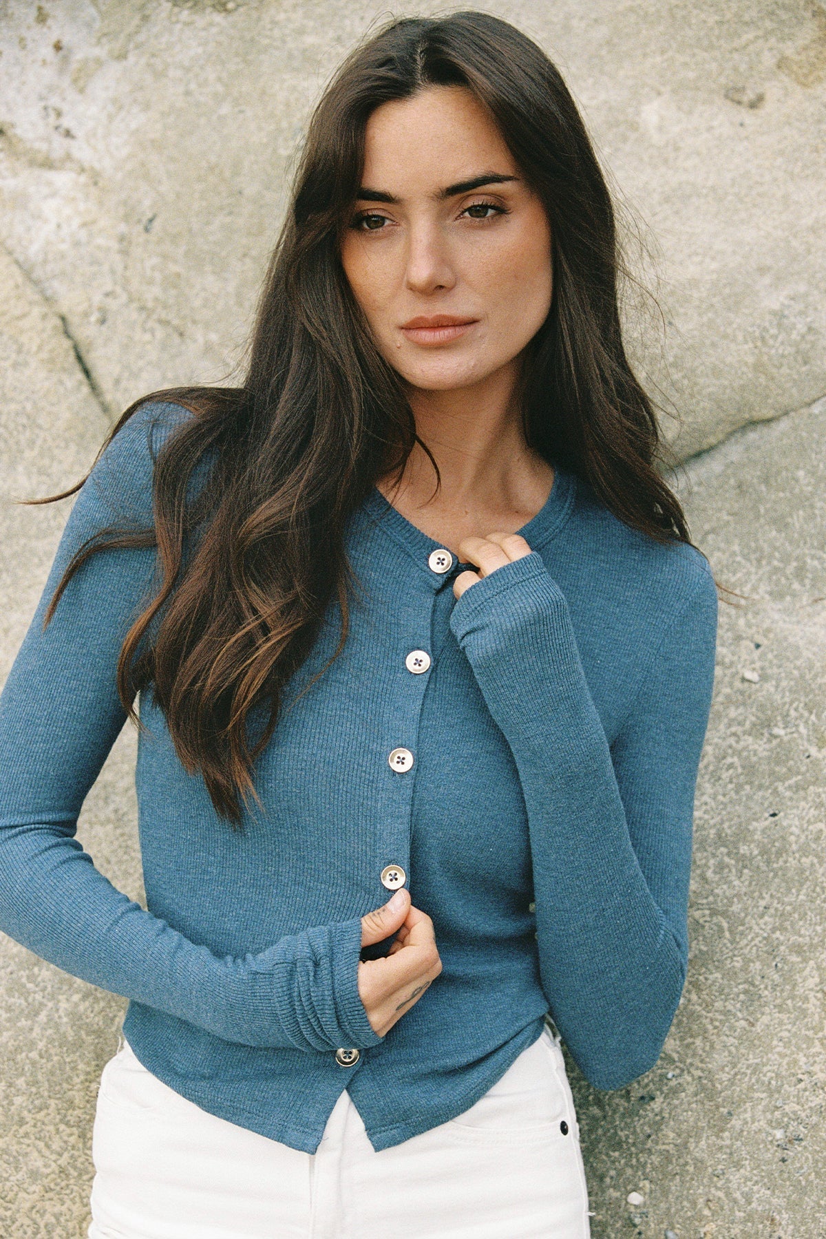 Marina Ribbed Crop Cardigan - Goldie LeWinter #color_denim heather - limited edition