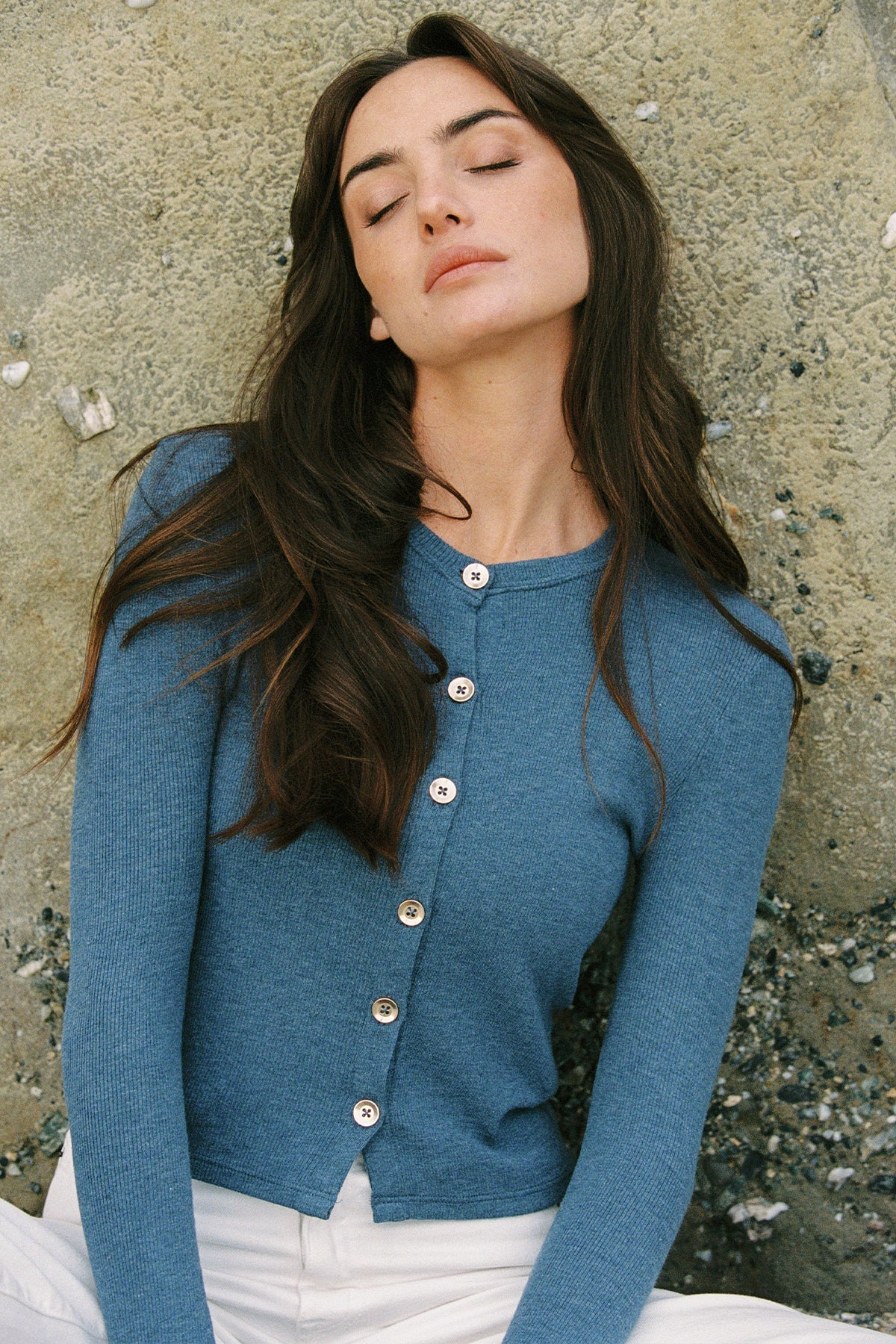 Marina Ribbed Crop Cardigan - Goldie LeWinter #color_denim heather - limited edition