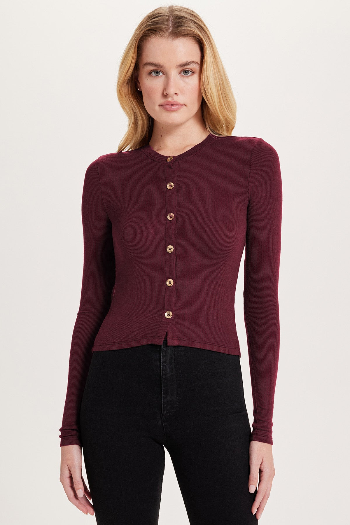 Marina Ribbed Crop Cardigan - Goldie LeWinter #color_bordeaux - limited edition
