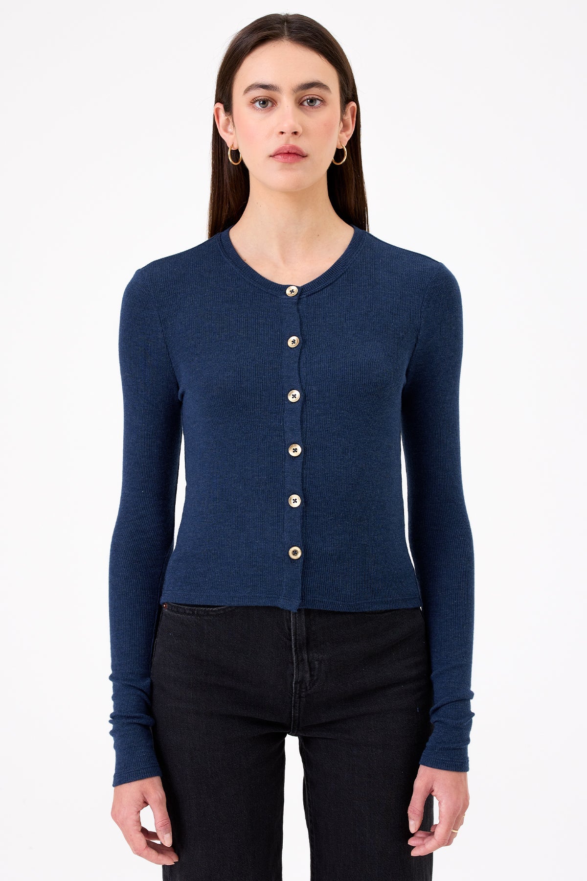 Marina Ribbed Crop Cardigan - Goldie LeWinter #color_navy heather - limited edition