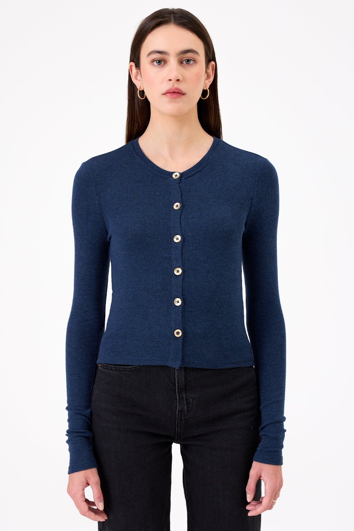 Marina Ribbed Crop Cardigan - Goldie LeWinter #color_navy heather - limited edition