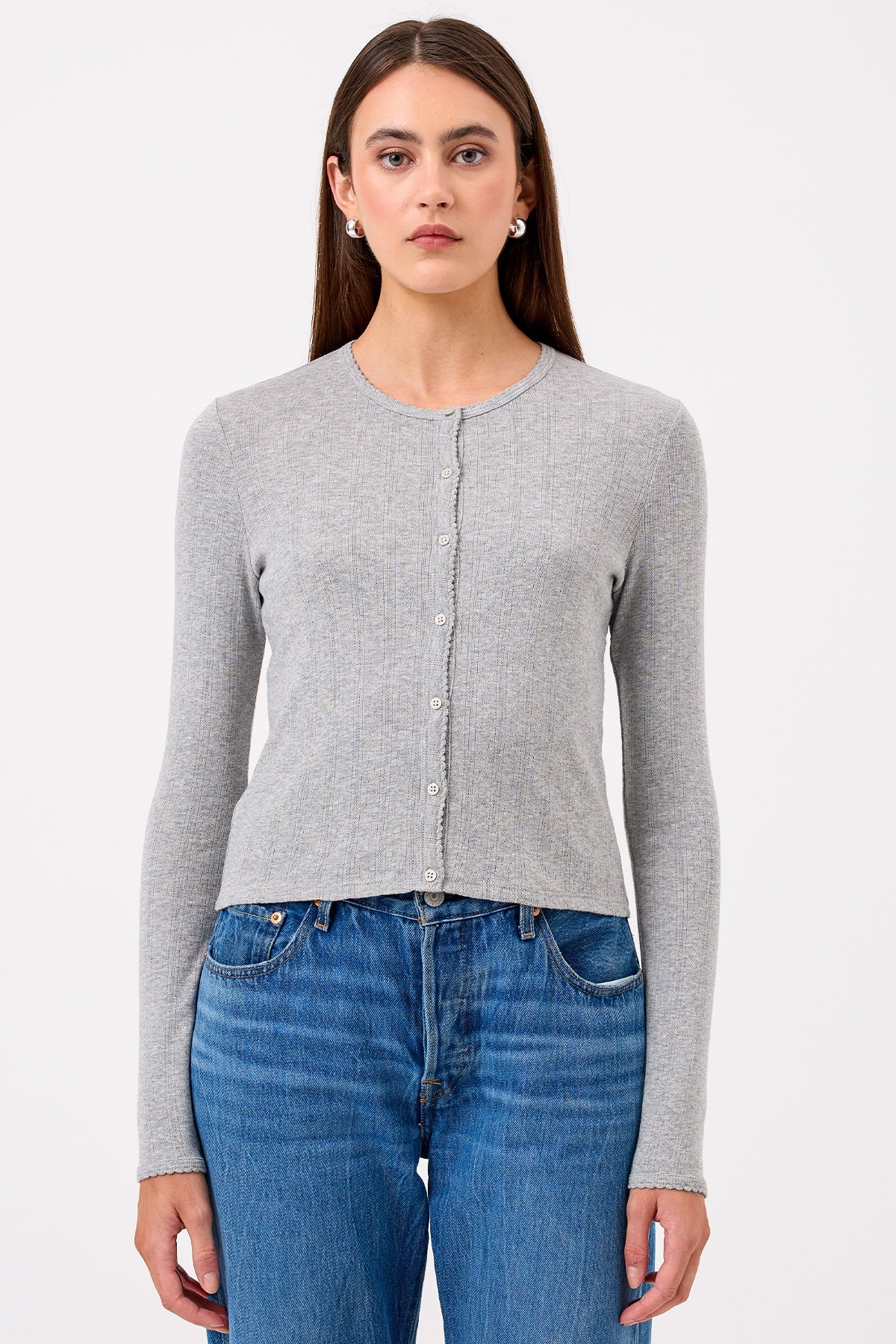 Pointelle Crop Cardigan - Goldie LeWinter #color_gray heather