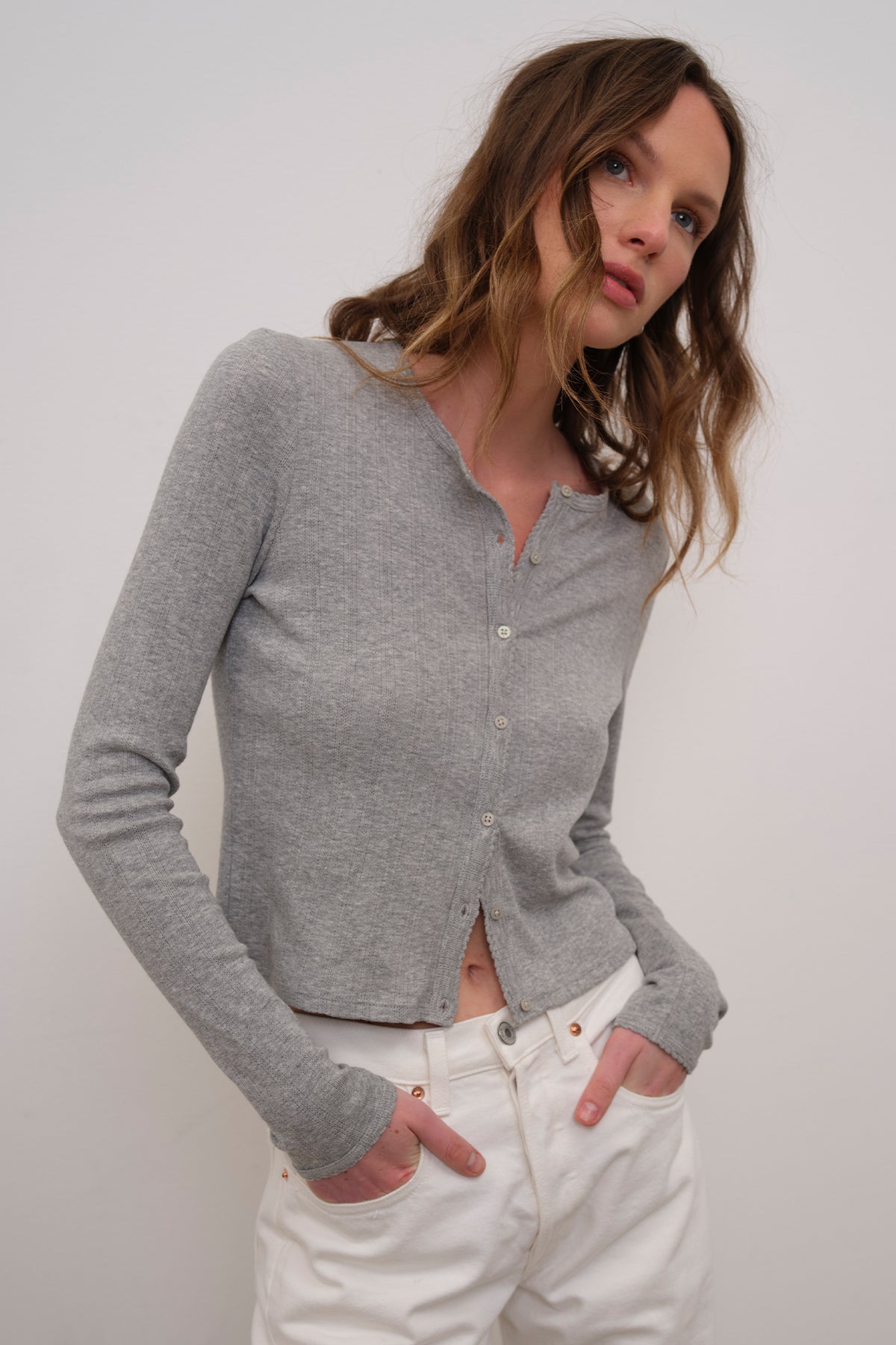 Pointelle Crop Cardigan - Goldie LeWinter #color_gray heather
