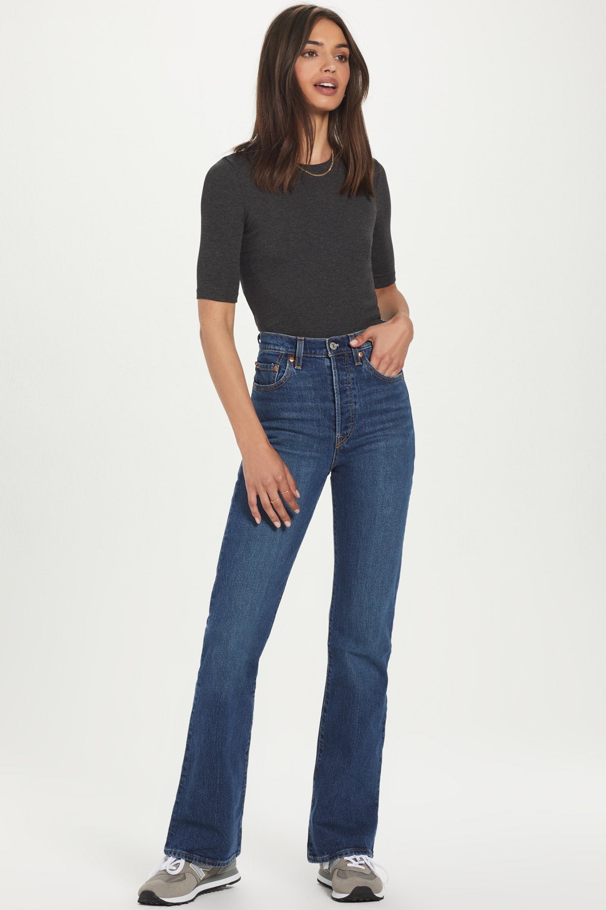 Ribbed Half Sleeve Tee - Goldie LeWinter #color_charcoal heather