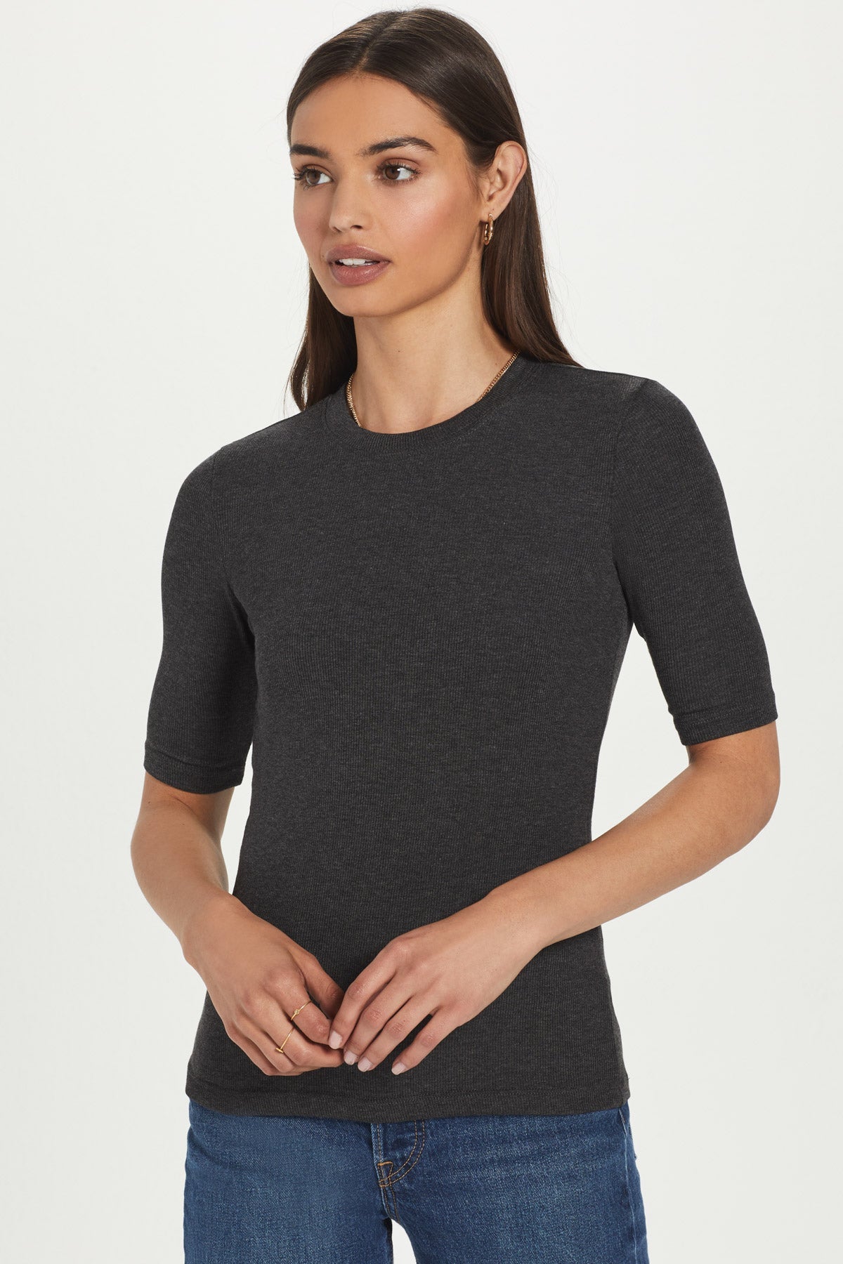 Ribbed Half Sleeve Tee - Goldie LeWinter #color_charcoal heather