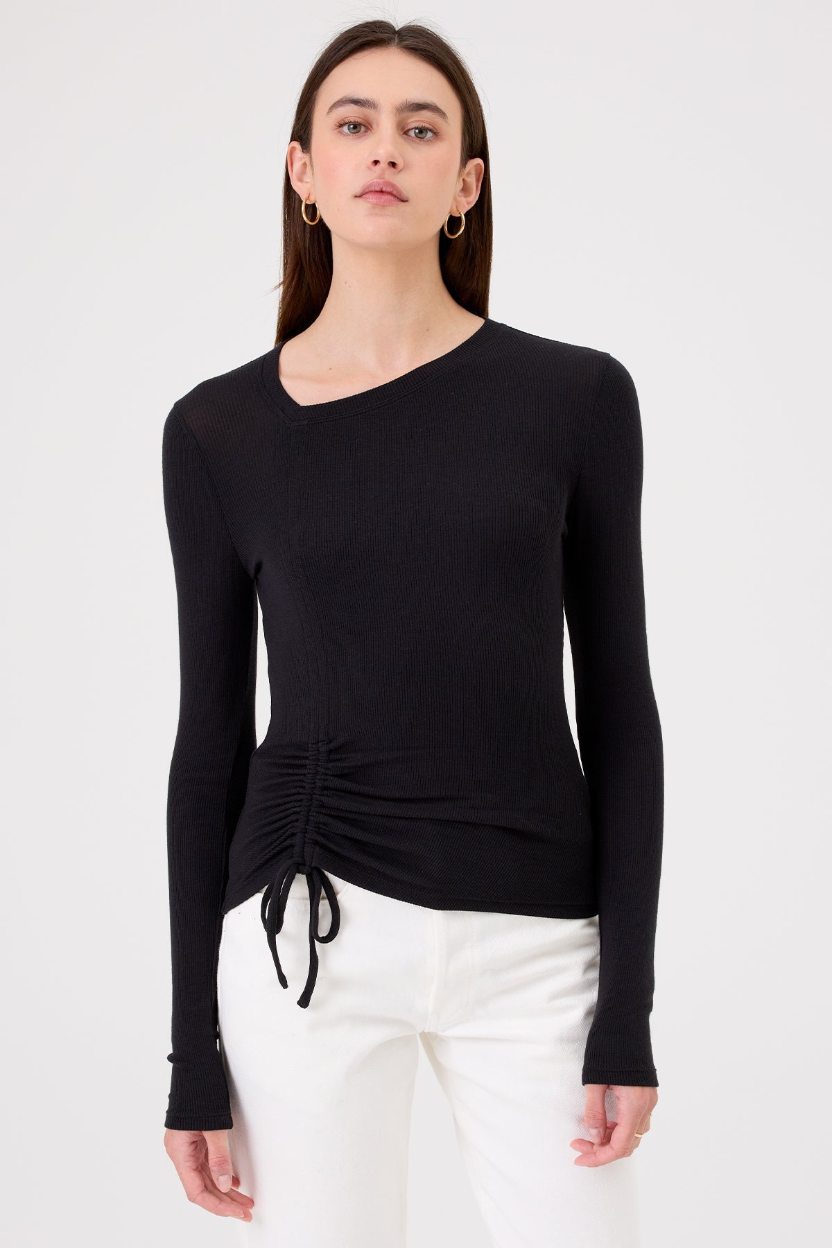 Selena Top – Asymmetric Micro-Rib Drawstring Tee