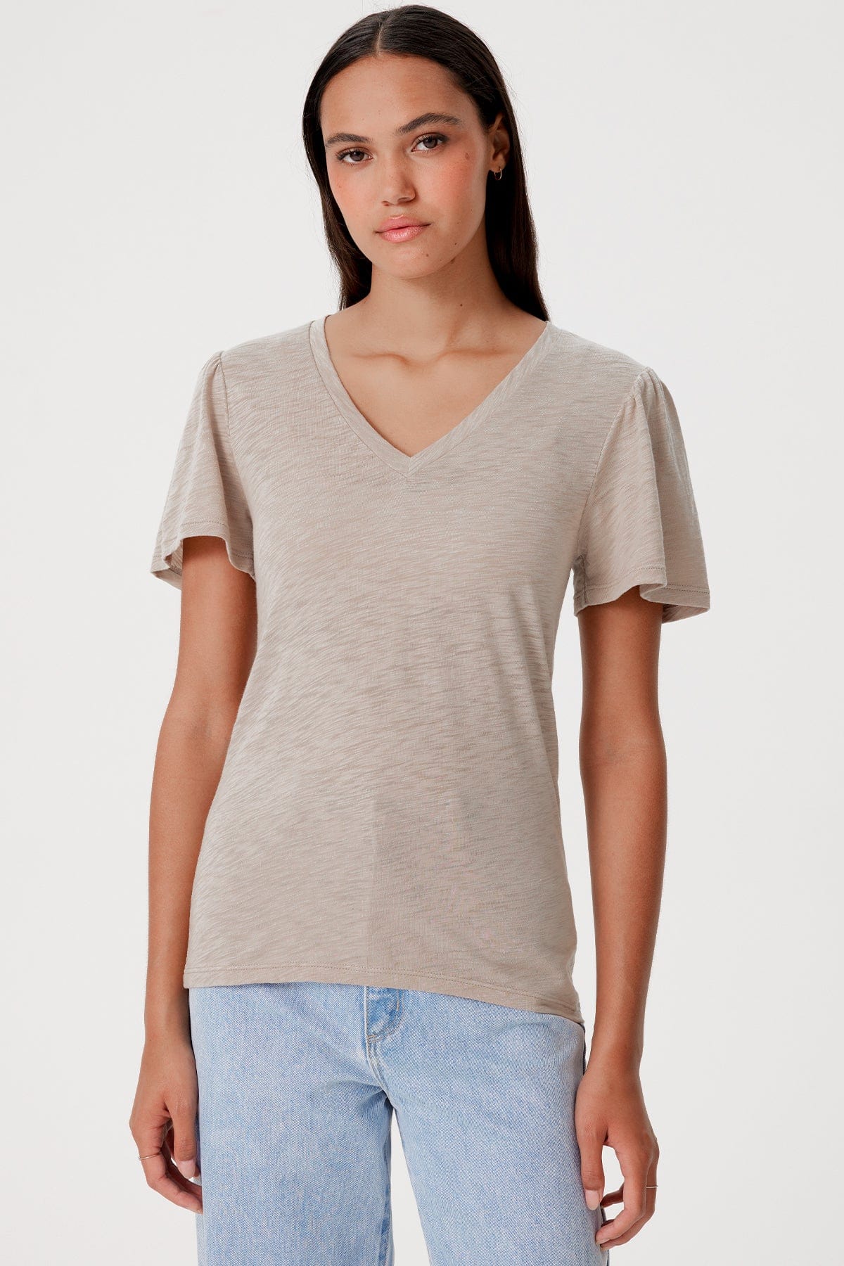 Signature Slub Flutter Sleeve V Neck Tee - Goldie LeWinter
