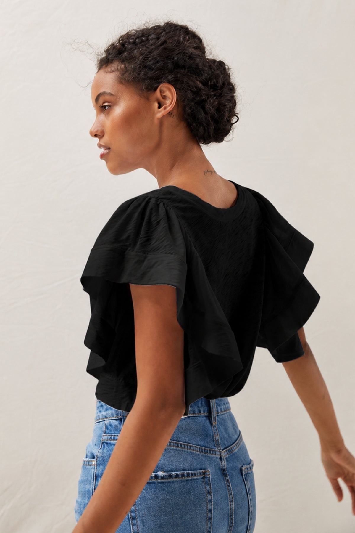 Signature Slub Waterfall Ruffle Shell - Goldie LeWinter #color_black